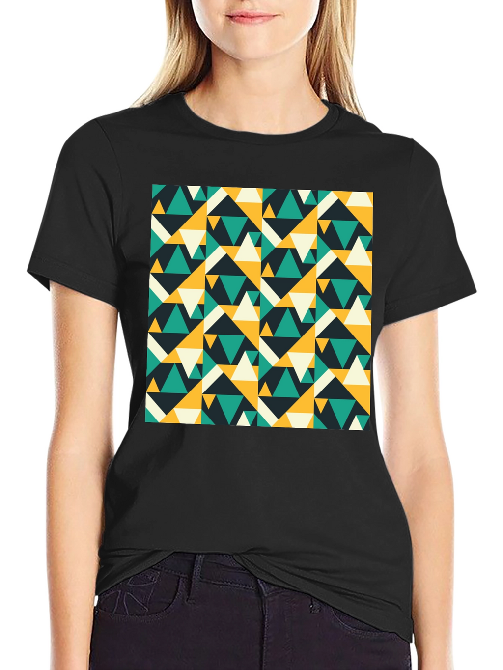 Geometric Triangle Pattern Black T-Shirt