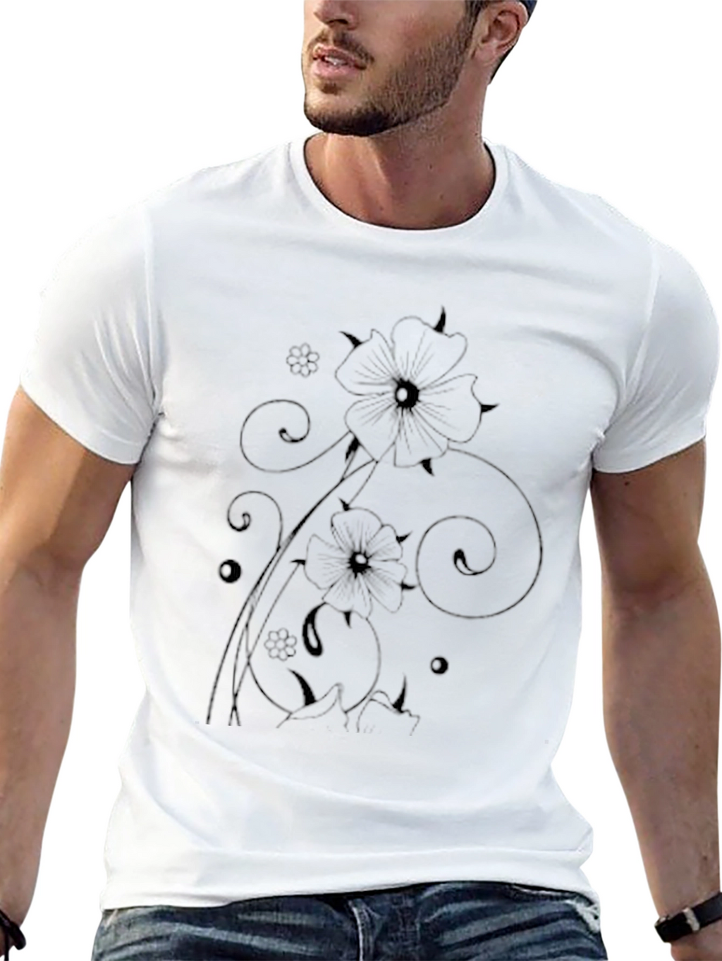 Mens Black Floral Graphic Tee Shirt