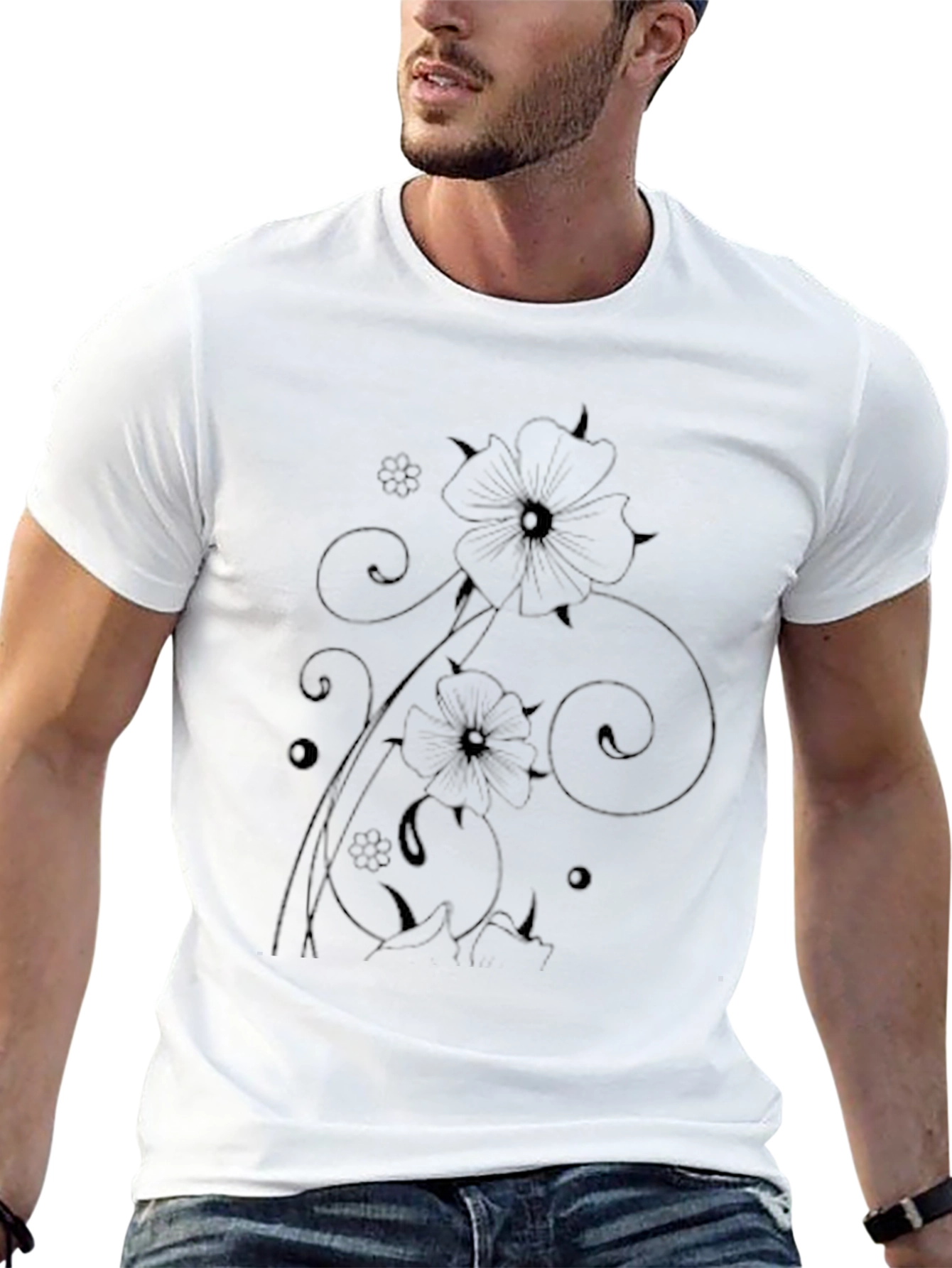 Mens Black Floral Graphic Tee Shirt