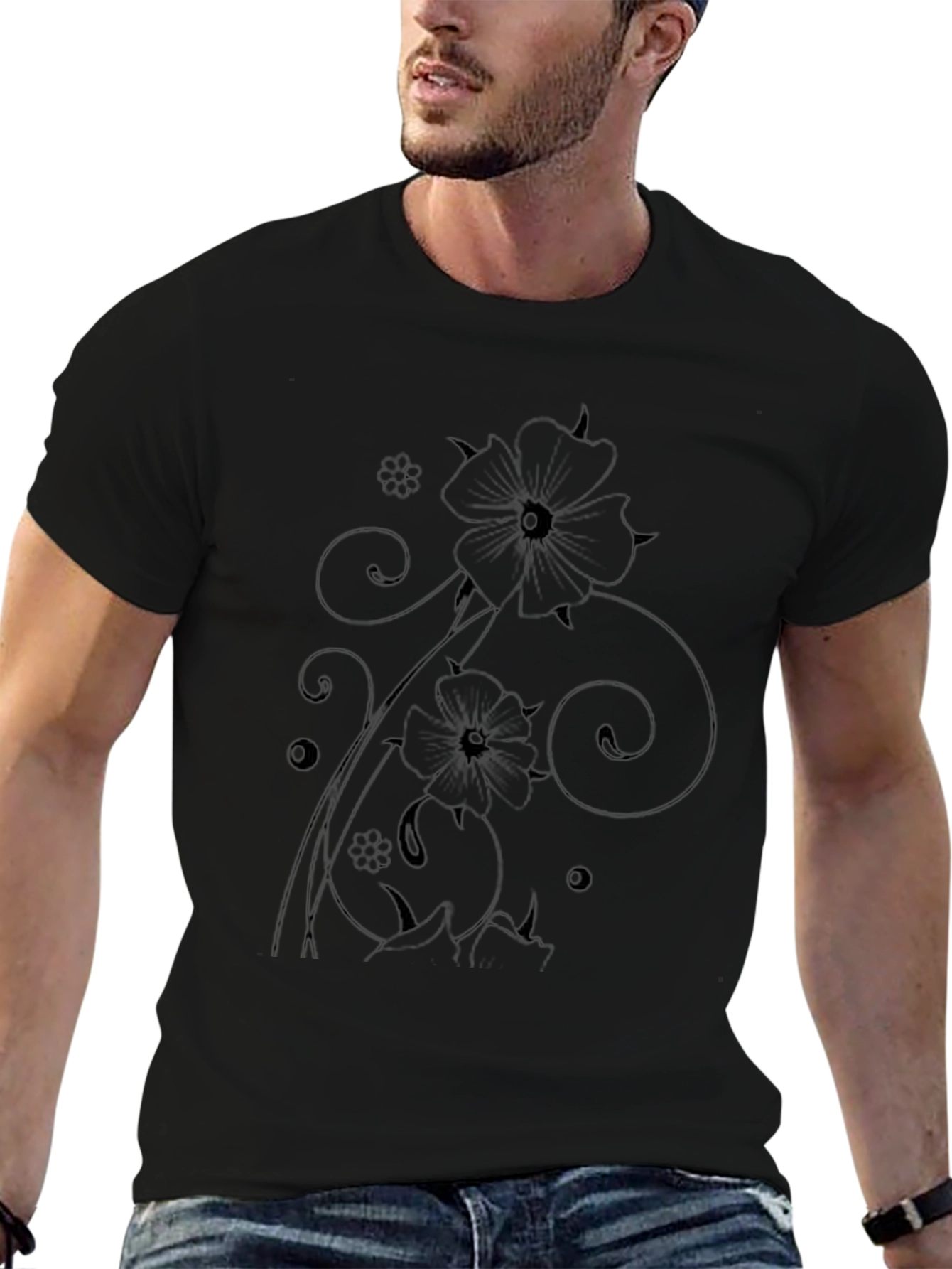 Mens Black Floral Graphic Tee Shirt