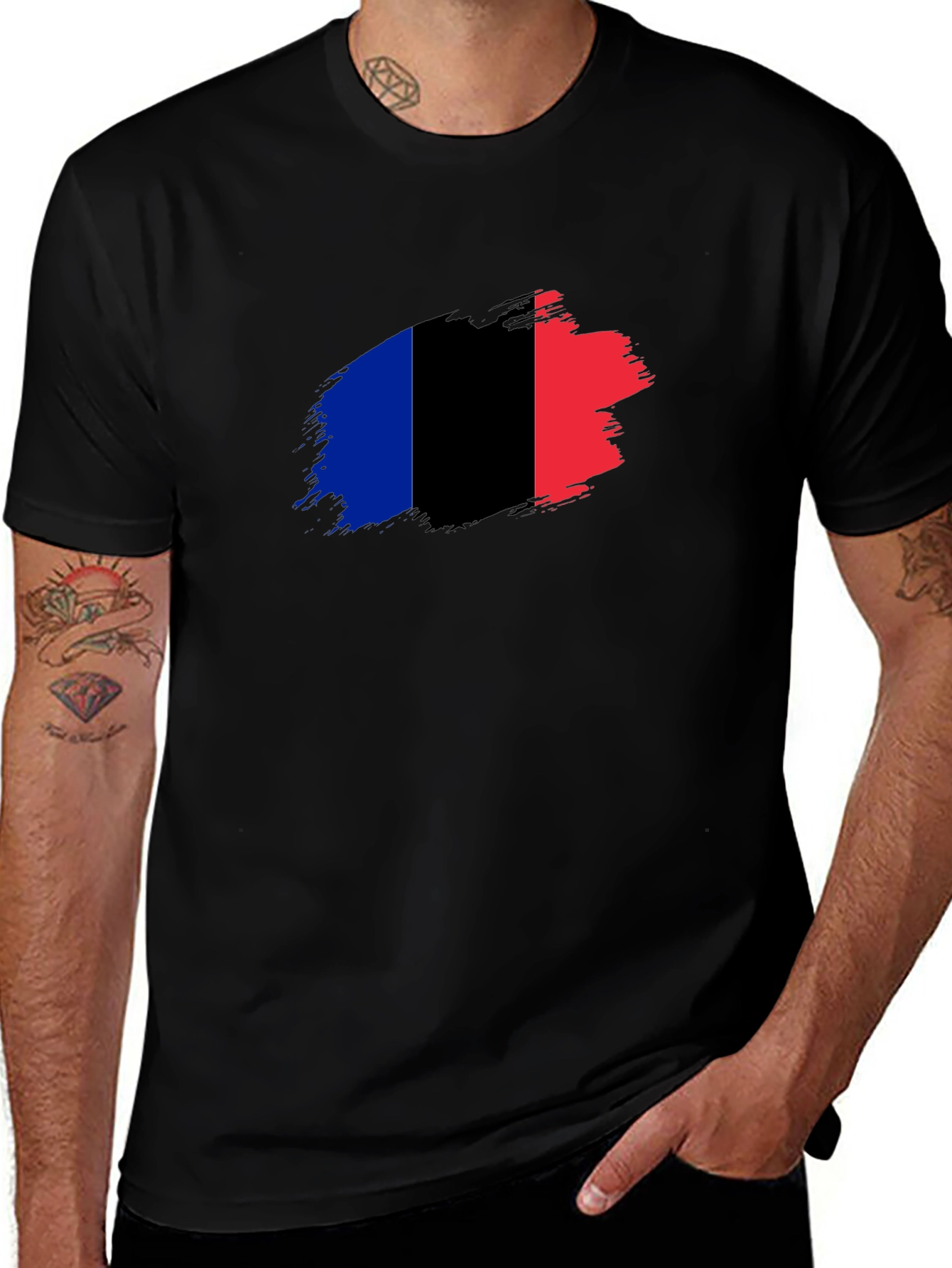 French Flag Brush Stroke Black T-Shirt