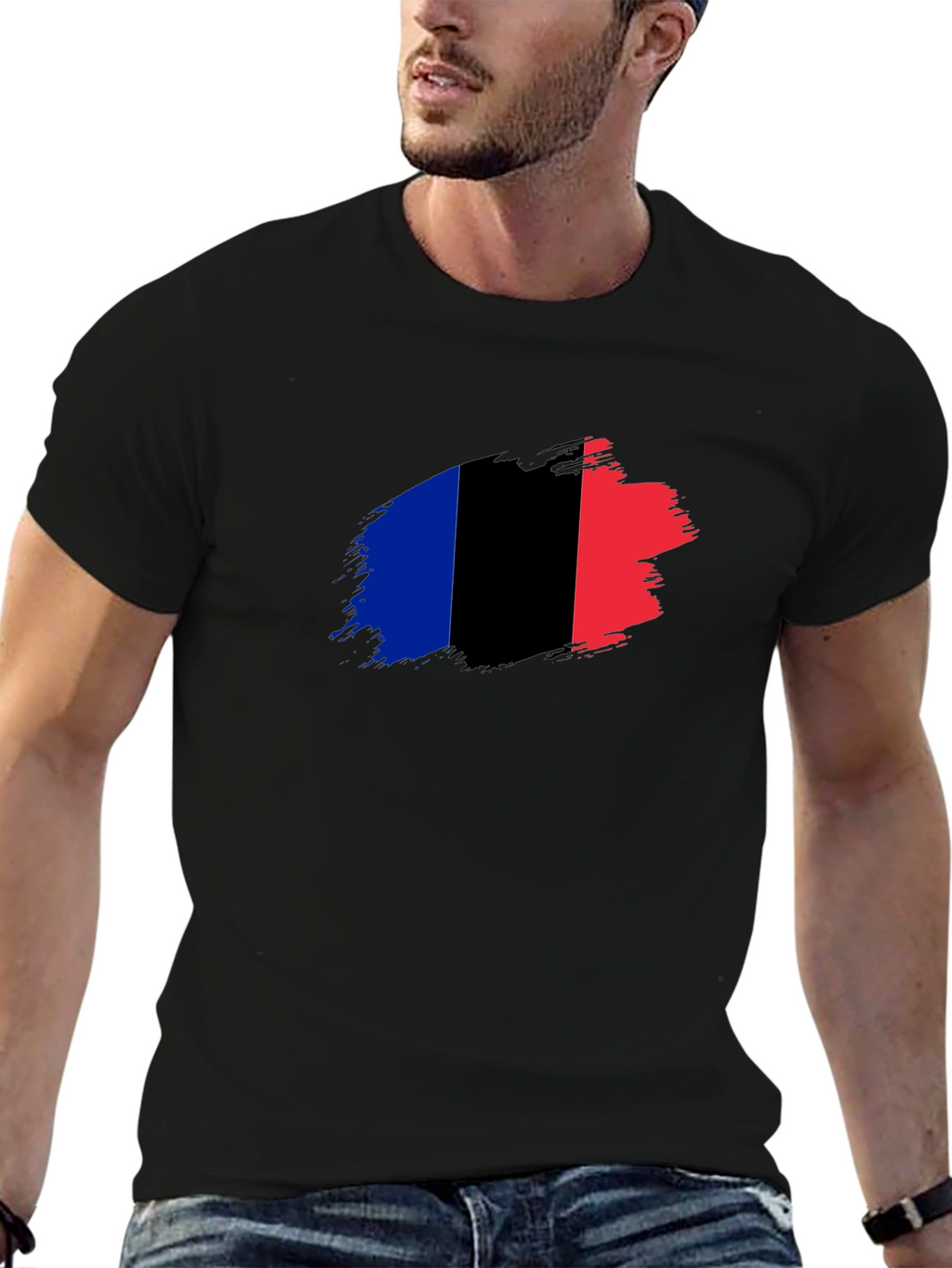 French Flag Brush Stroke Black T-Shirt