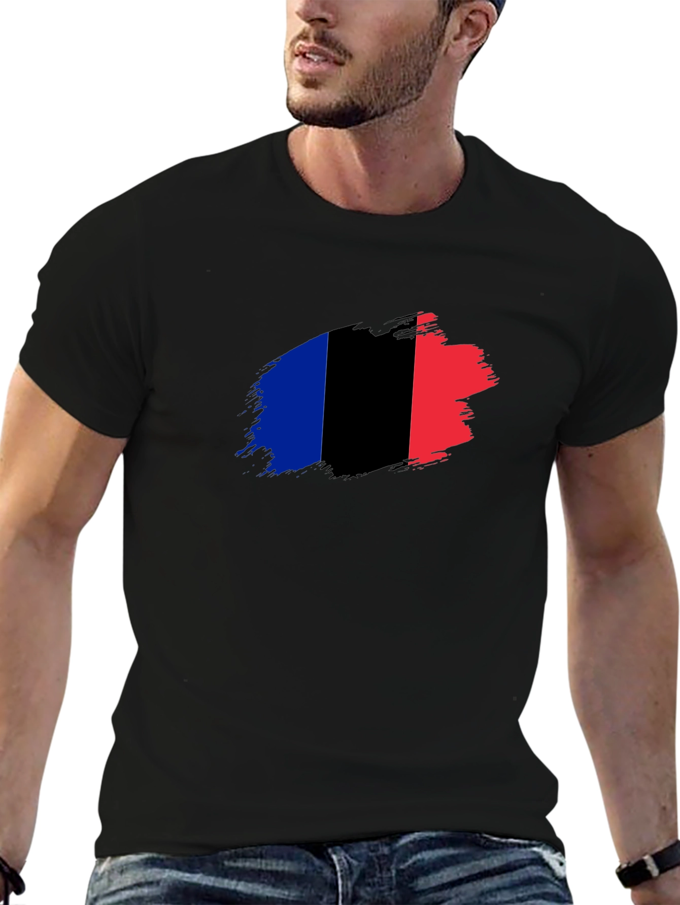 French Flag Brush Stroke Black T-Shirt