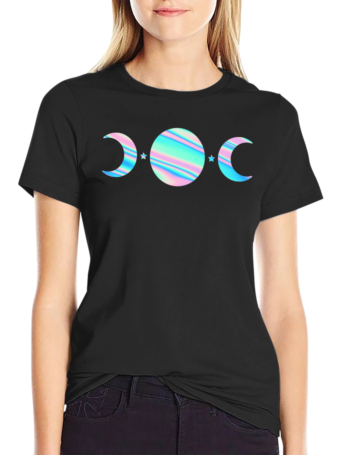 Holographic Moon Phase T-Shirt - Black