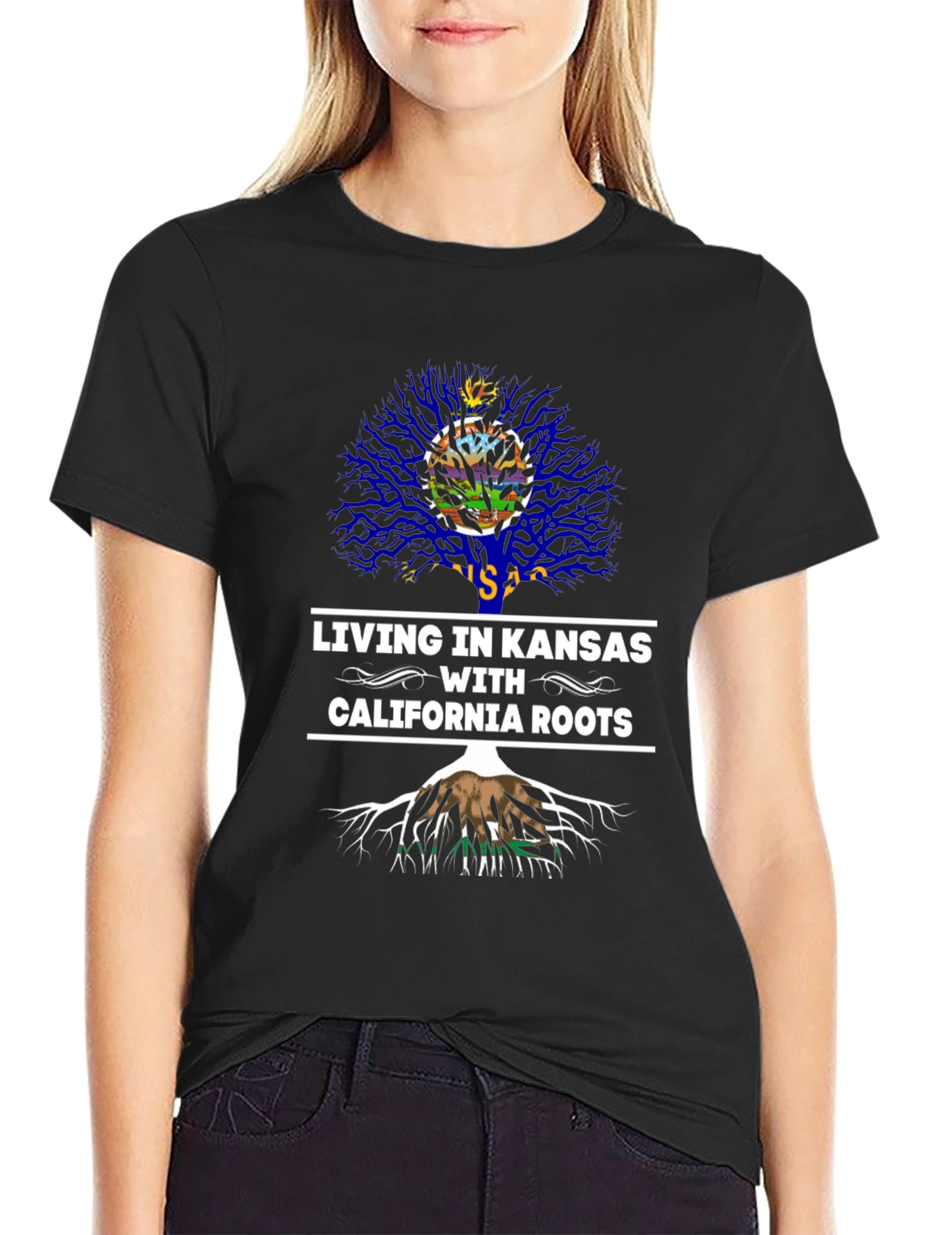 Kansas Living with California Roots T-Shirt