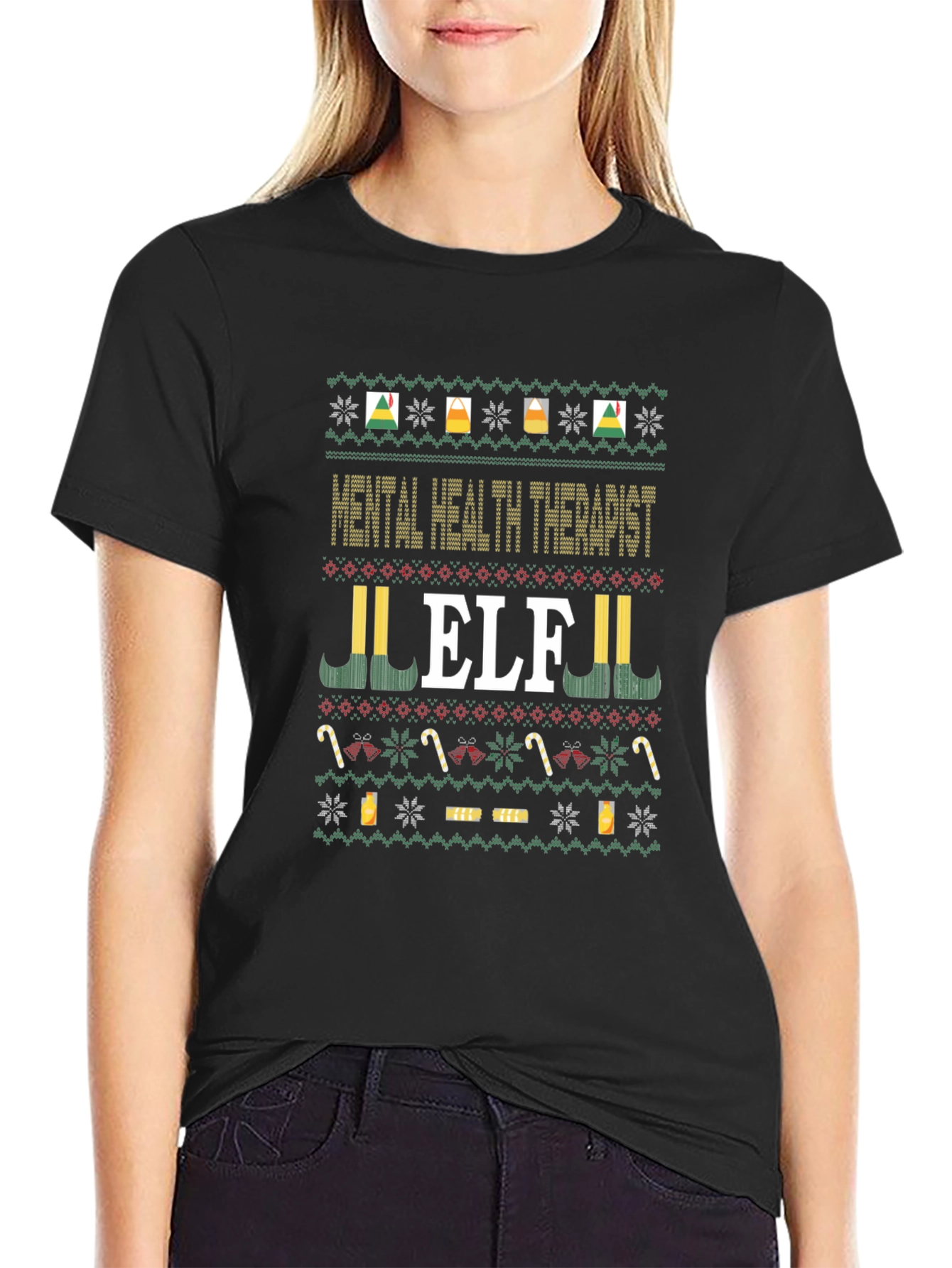 Mental Health Therapist Elf Ugly Christmas Sweater T-Shirt