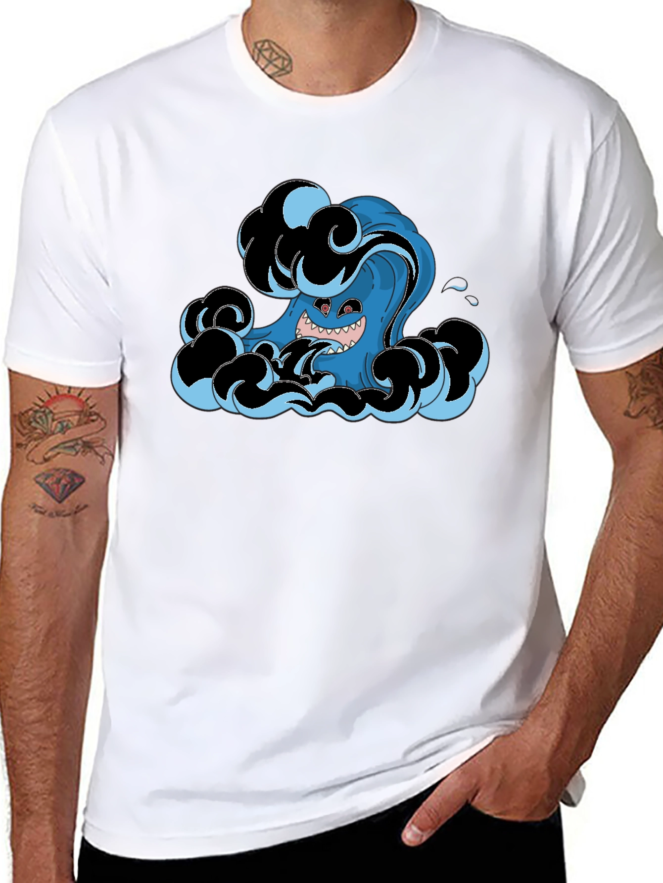 Mens Black T-Shirt with Wave Monster Graphic