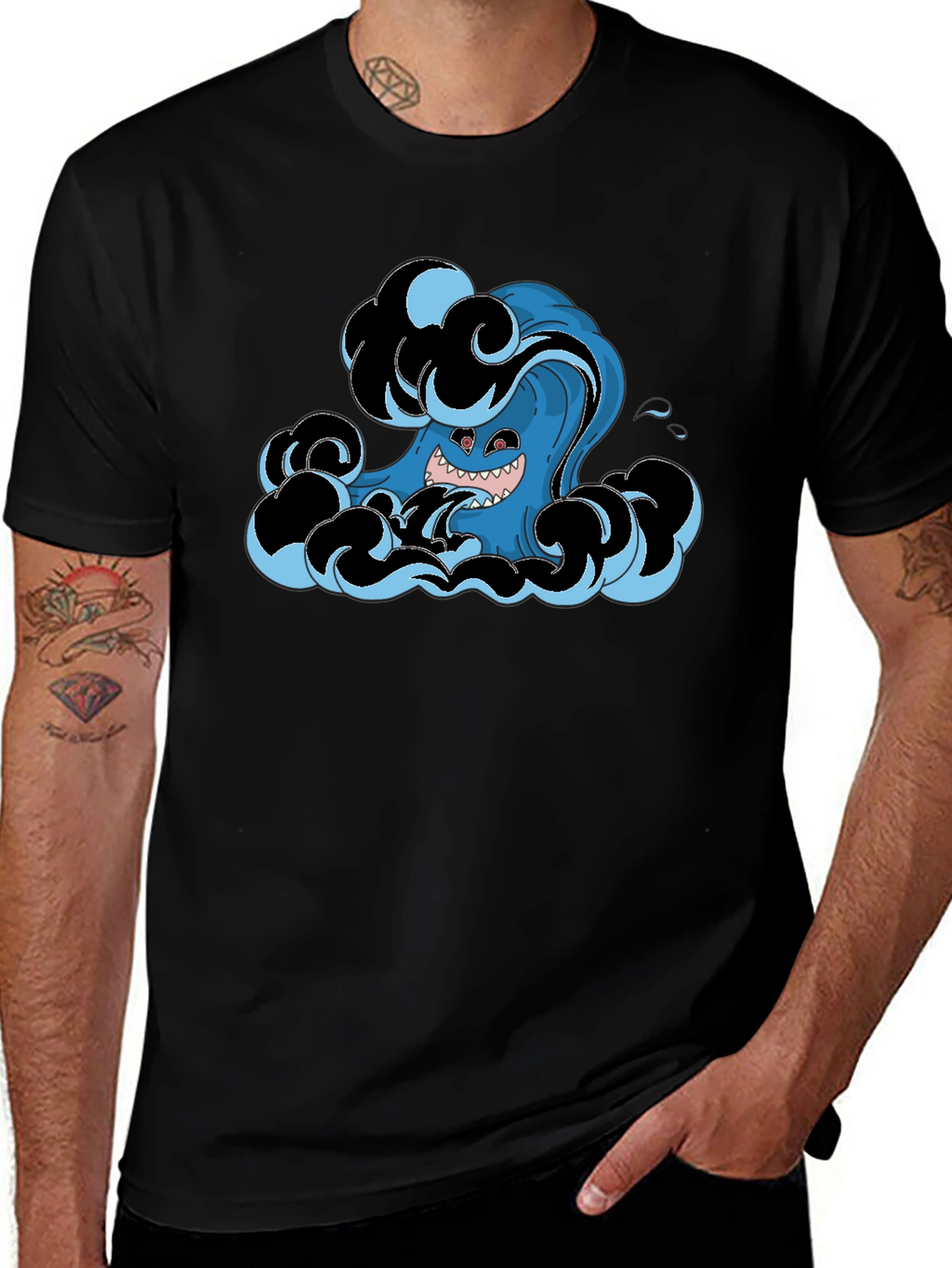 Mens Black T-Shirt with Wave Monster Graphic