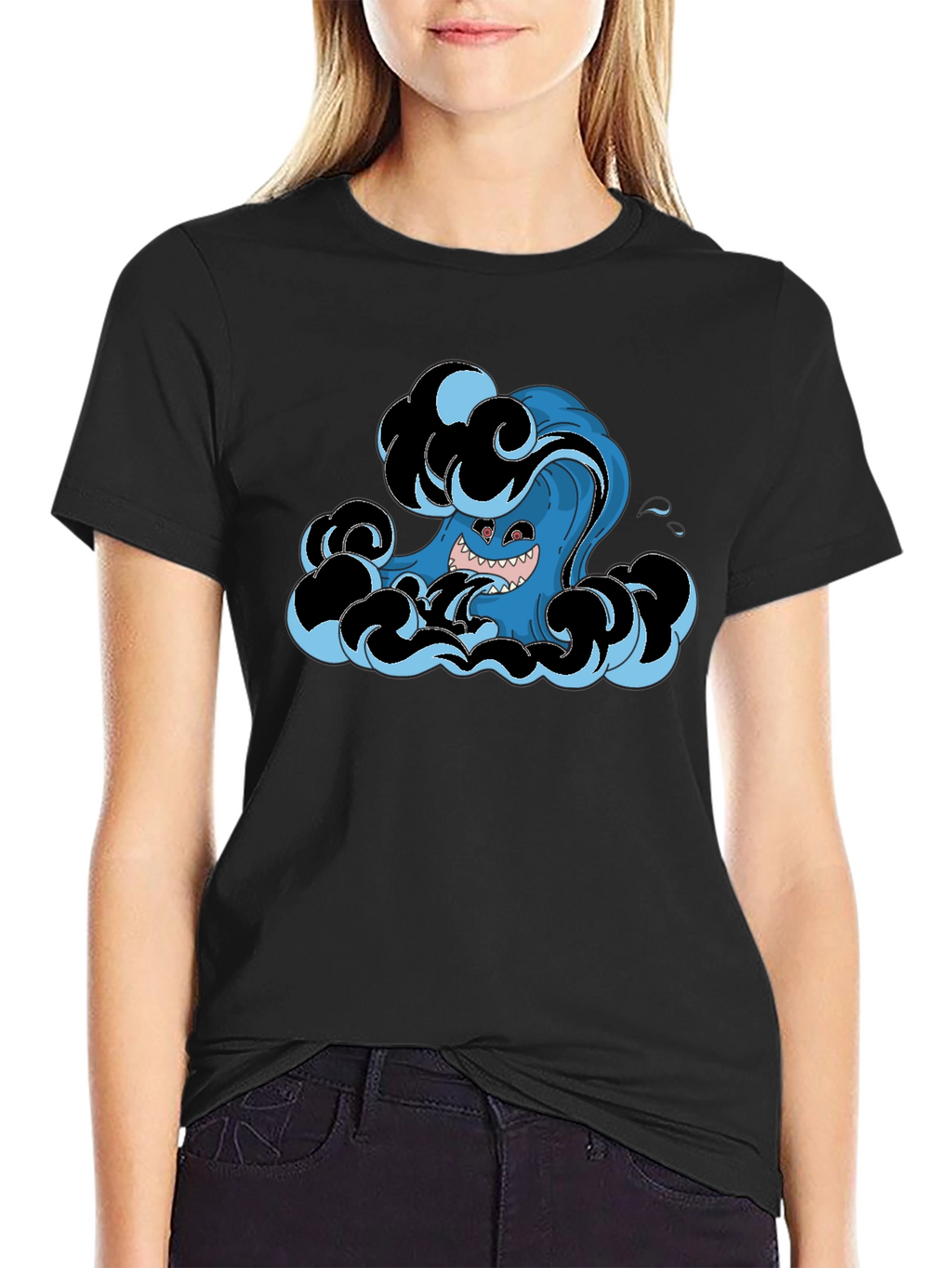Mens Black T-Shirt with Wave Monster Graphic