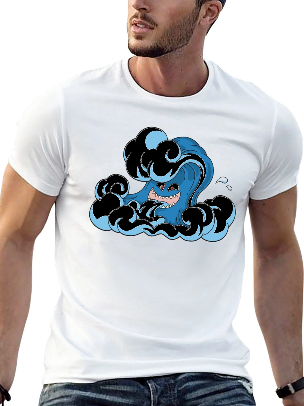 Mens Black T-Shirt with Wave Monster Graphic