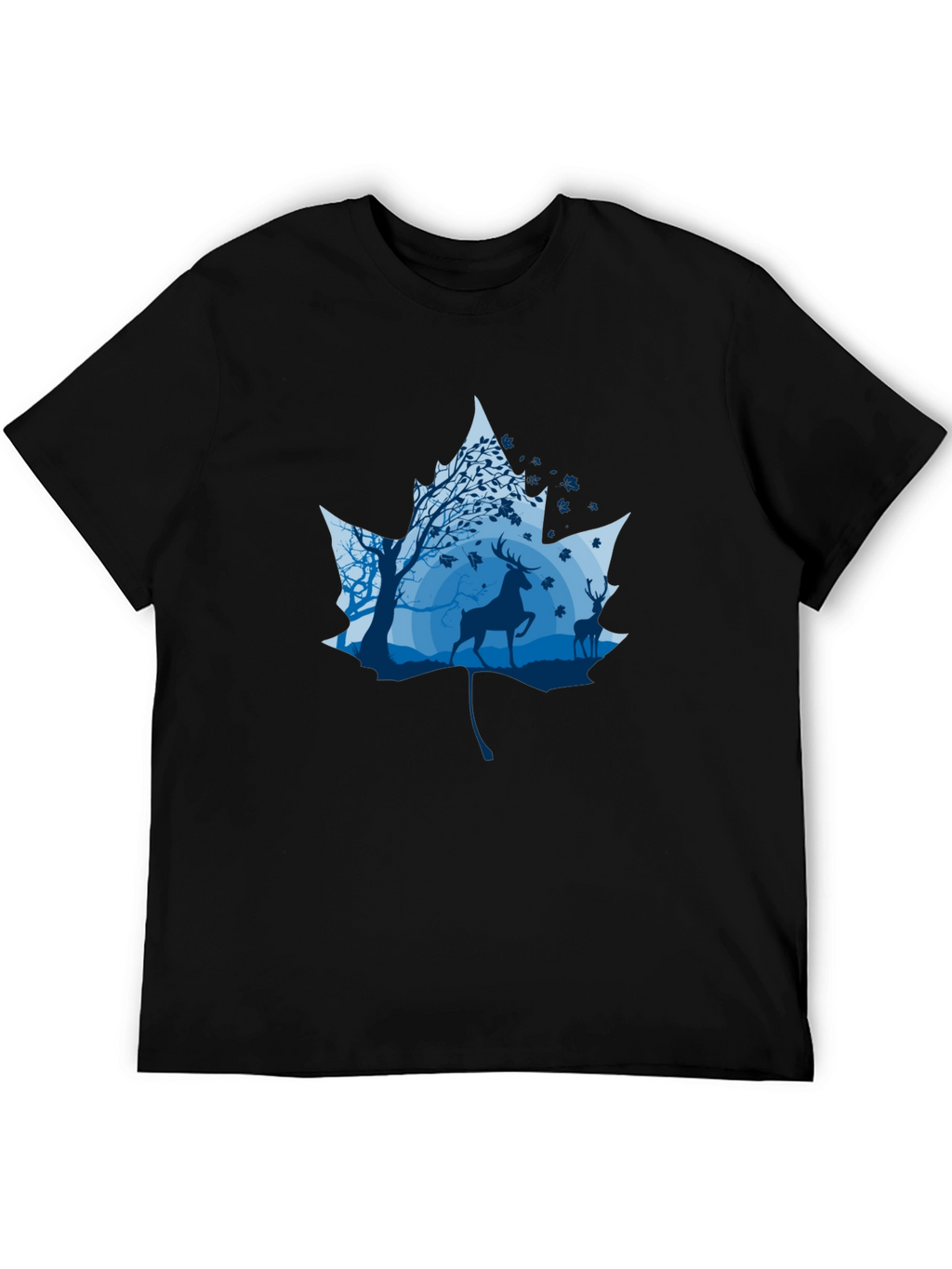 Nature Deer Maple Leaf Graphic Black T-Shirt
