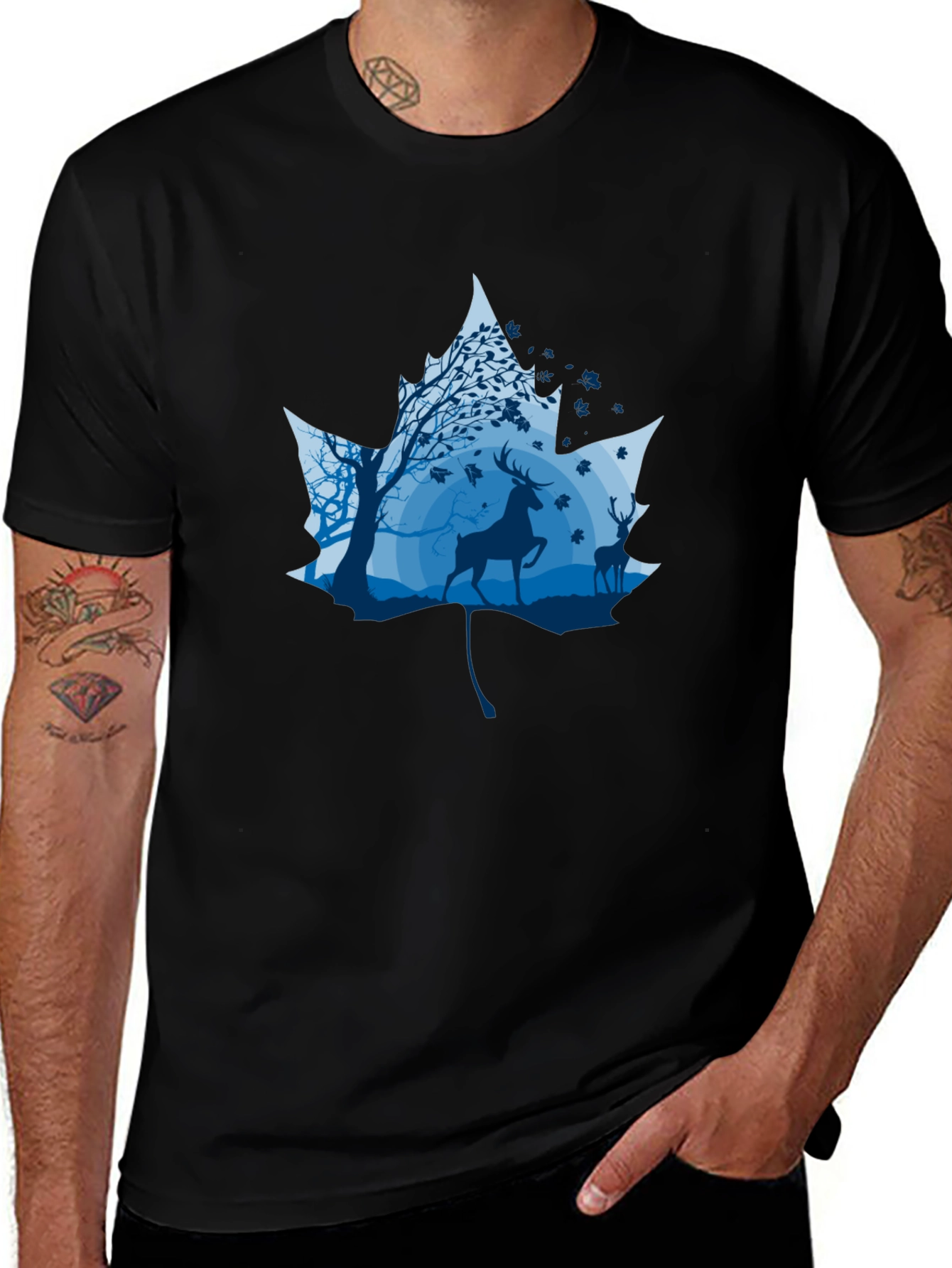 Nature Deer Maple Leaf Graphic Black T-Shirt