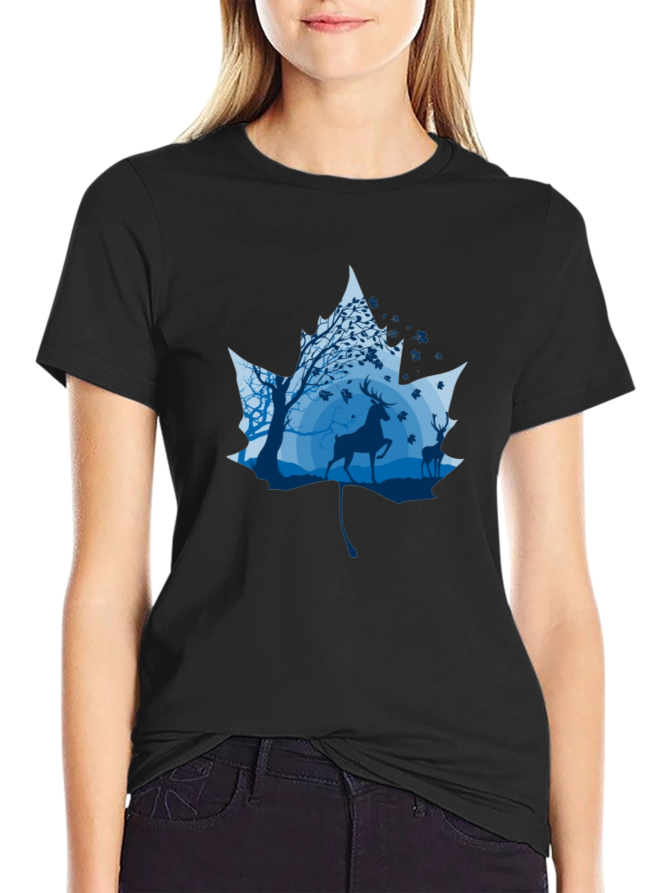 Nature Deer Maple Leaf Graphic Black T-Shirt