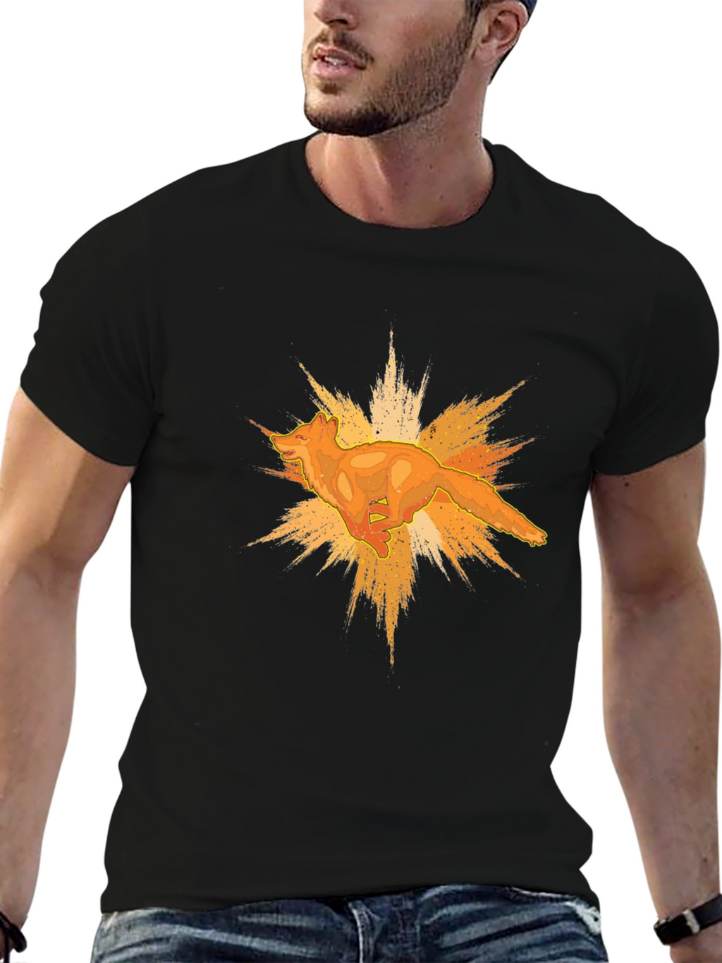 Bold Black T-Shirt with Abstract Fox Graphic