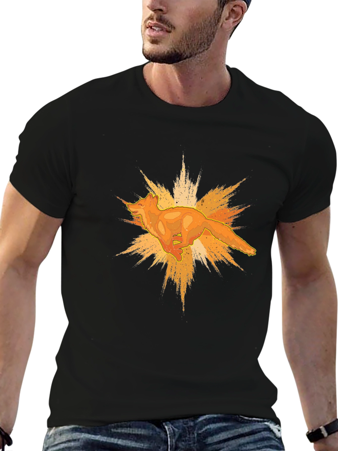 Bold Black T-Shirt with Abstract Fox Graphic