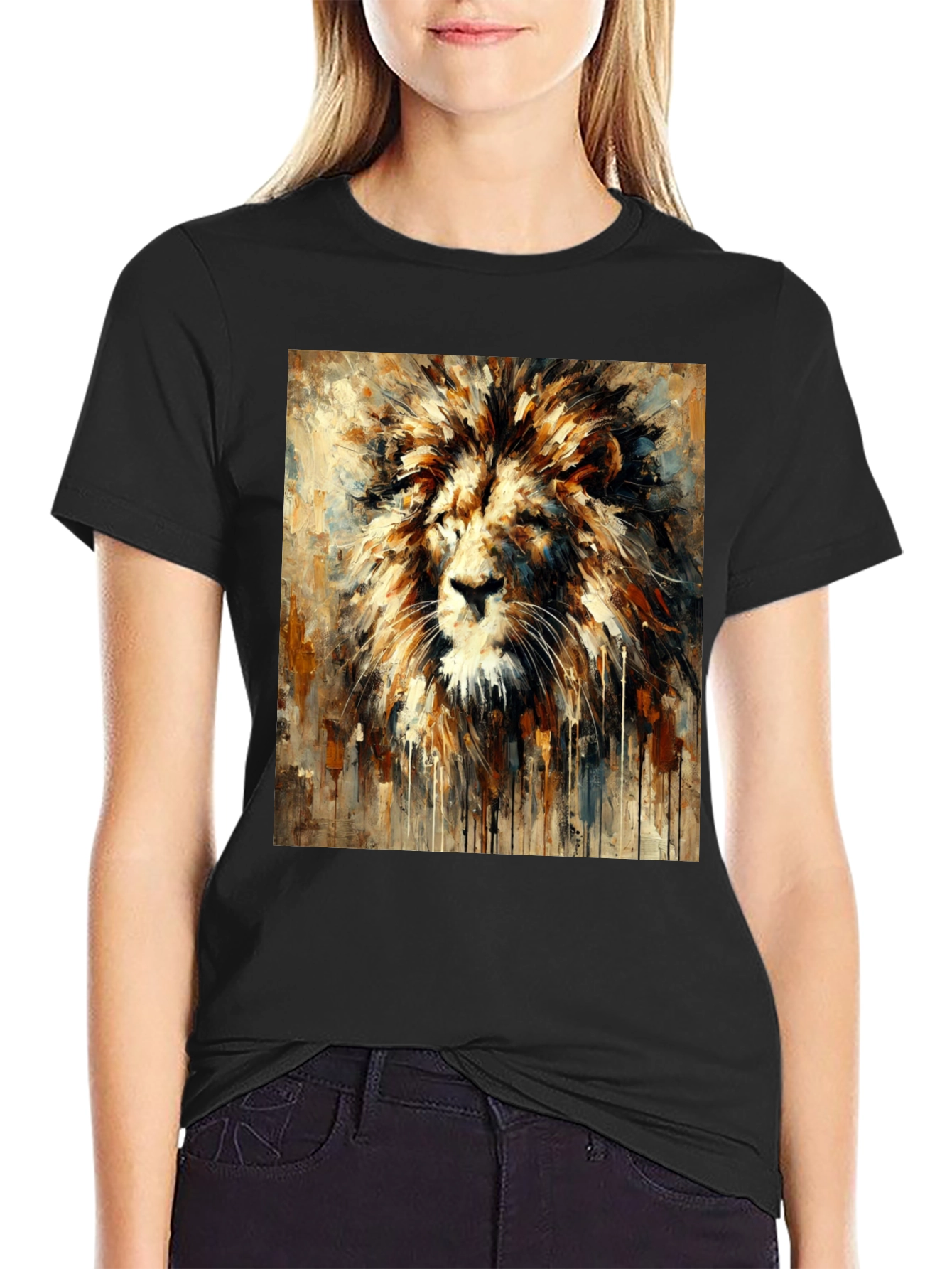 Lion Art Print Graphic Tee - Bold Black T-Shirt