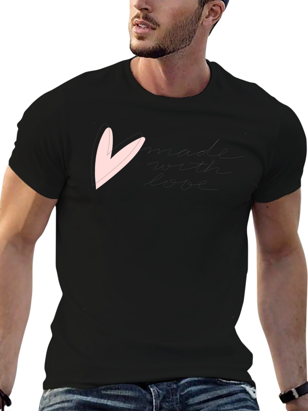 Mens Black T-Shirt with Pink Heart Graphic