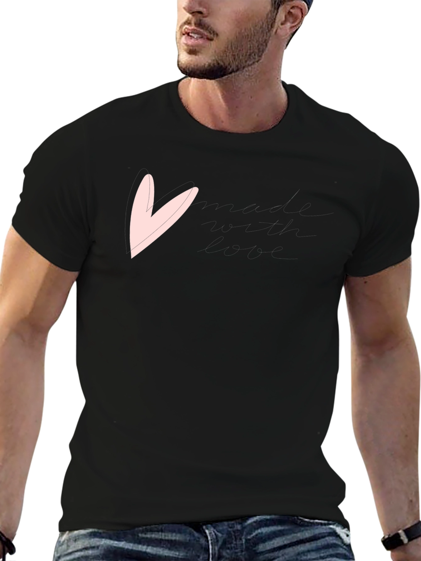 Mens Black T-Shirt with Pink Heart Graphic