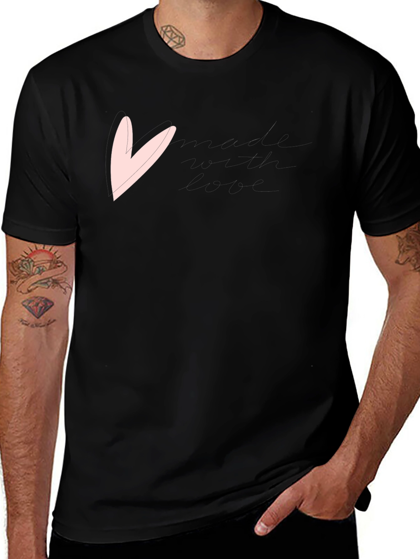 Mens Black T-Shirt with Pink Heart Graphic