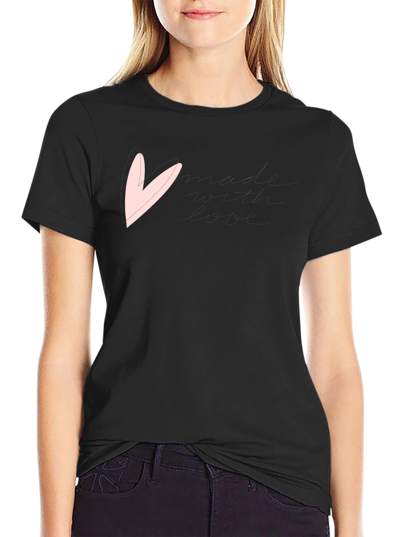 Mens Black T-Shirt with Pink Heart Graphic