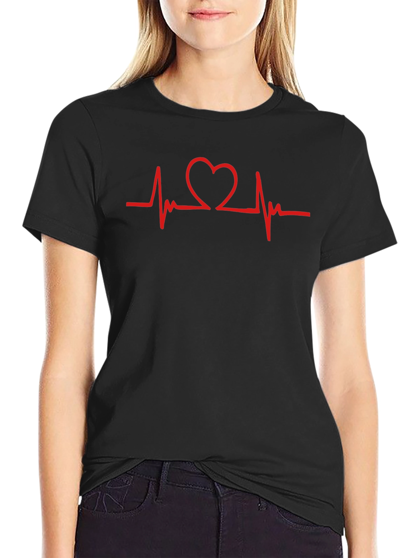 Heartbeat Heart Graphic T-Shirt - Black