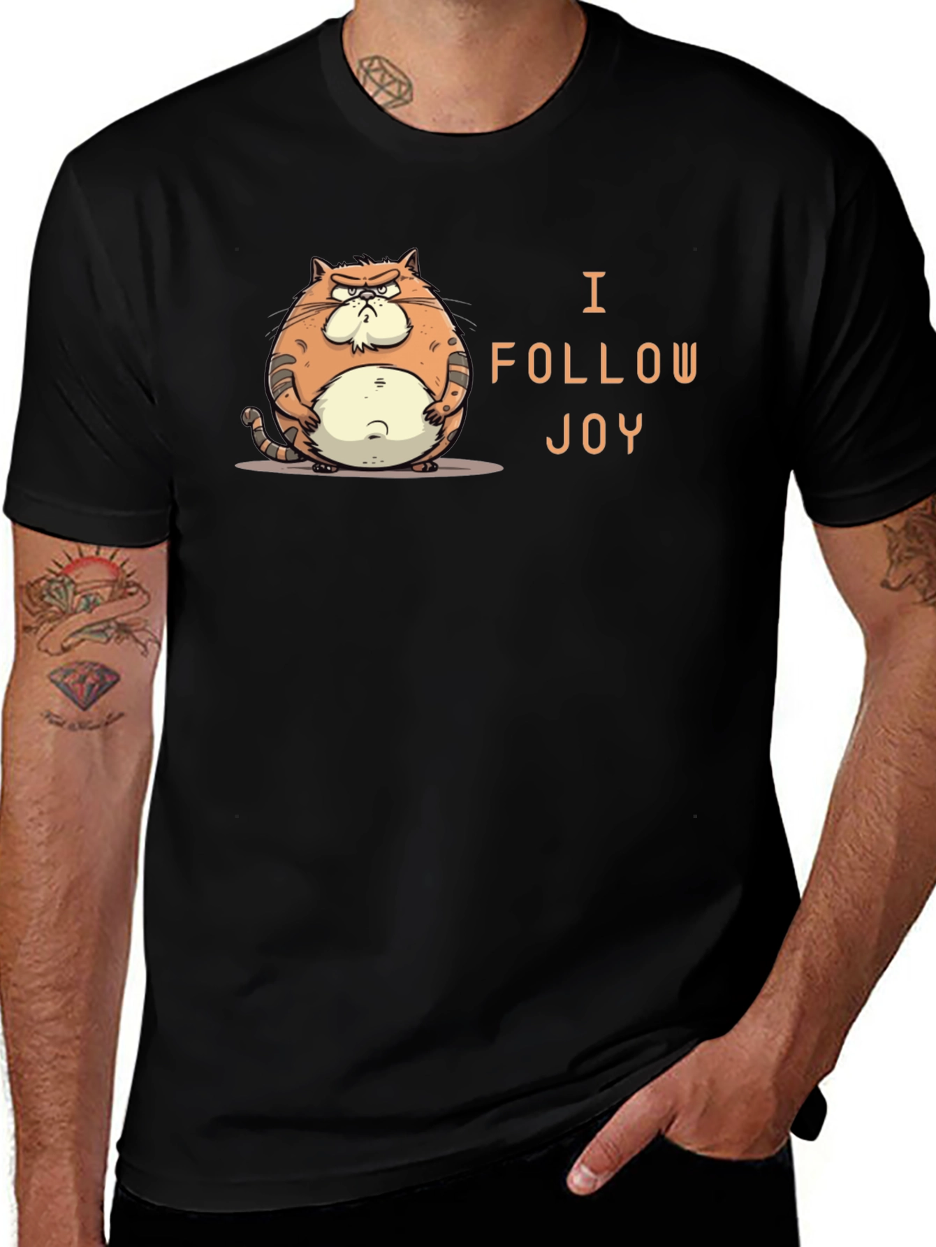 Funny Grumpy Cat Black T-Shirt - I Follow Joy!