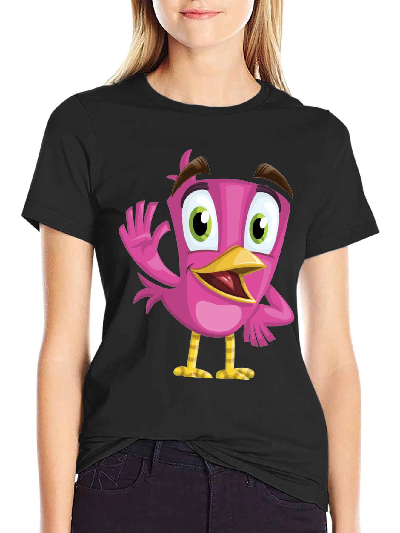 Cartoon Bird Graphic Tee - Black T-Shirt