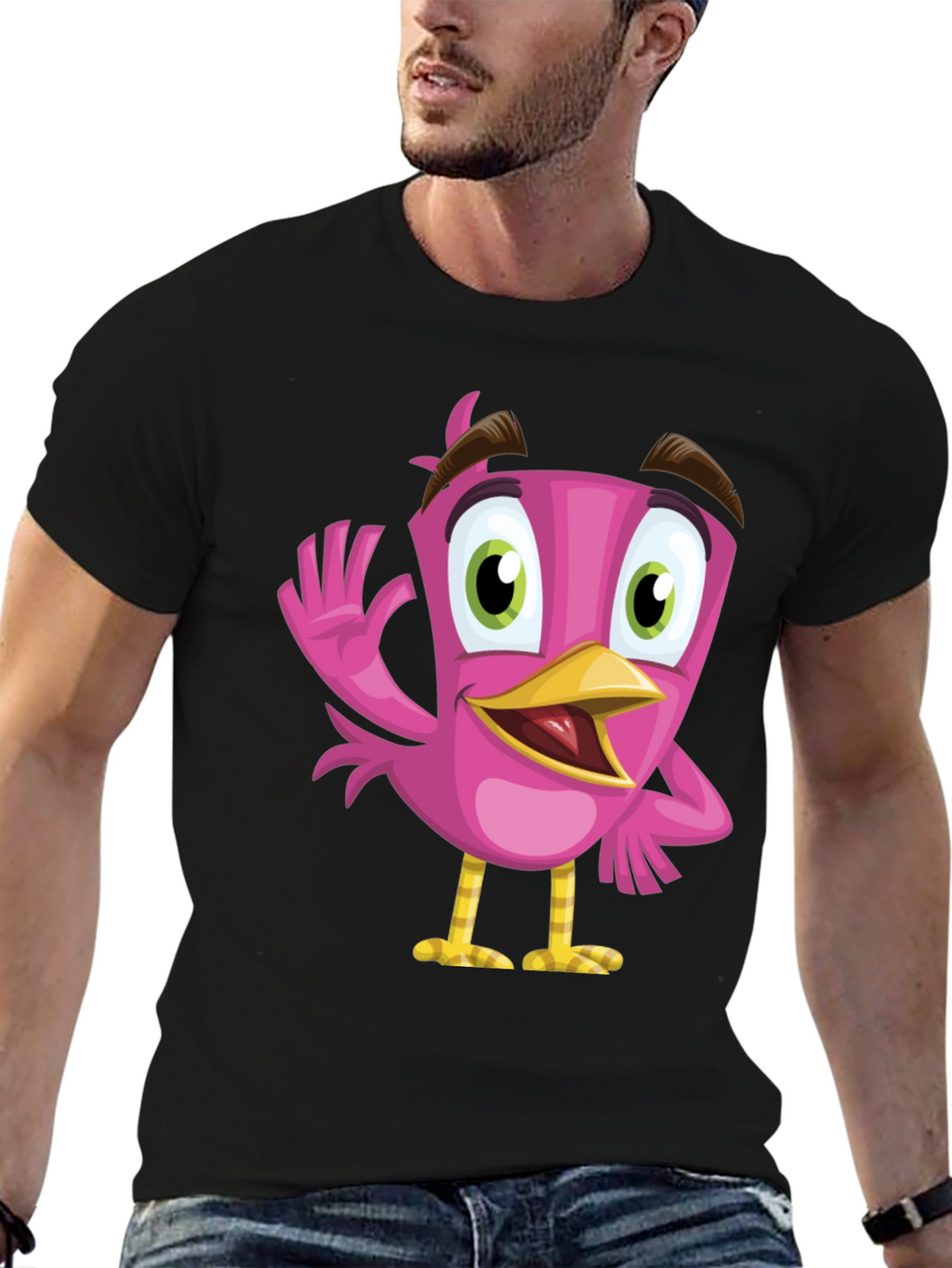 Cartoon Bird Graphic Tee - Black T-Shirt
