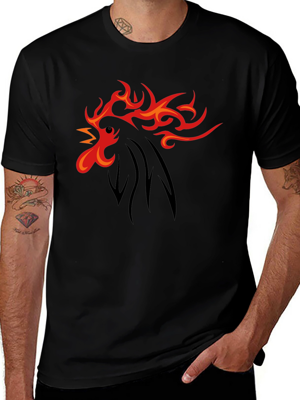 Fiery Rooster Graphic Tee - Black