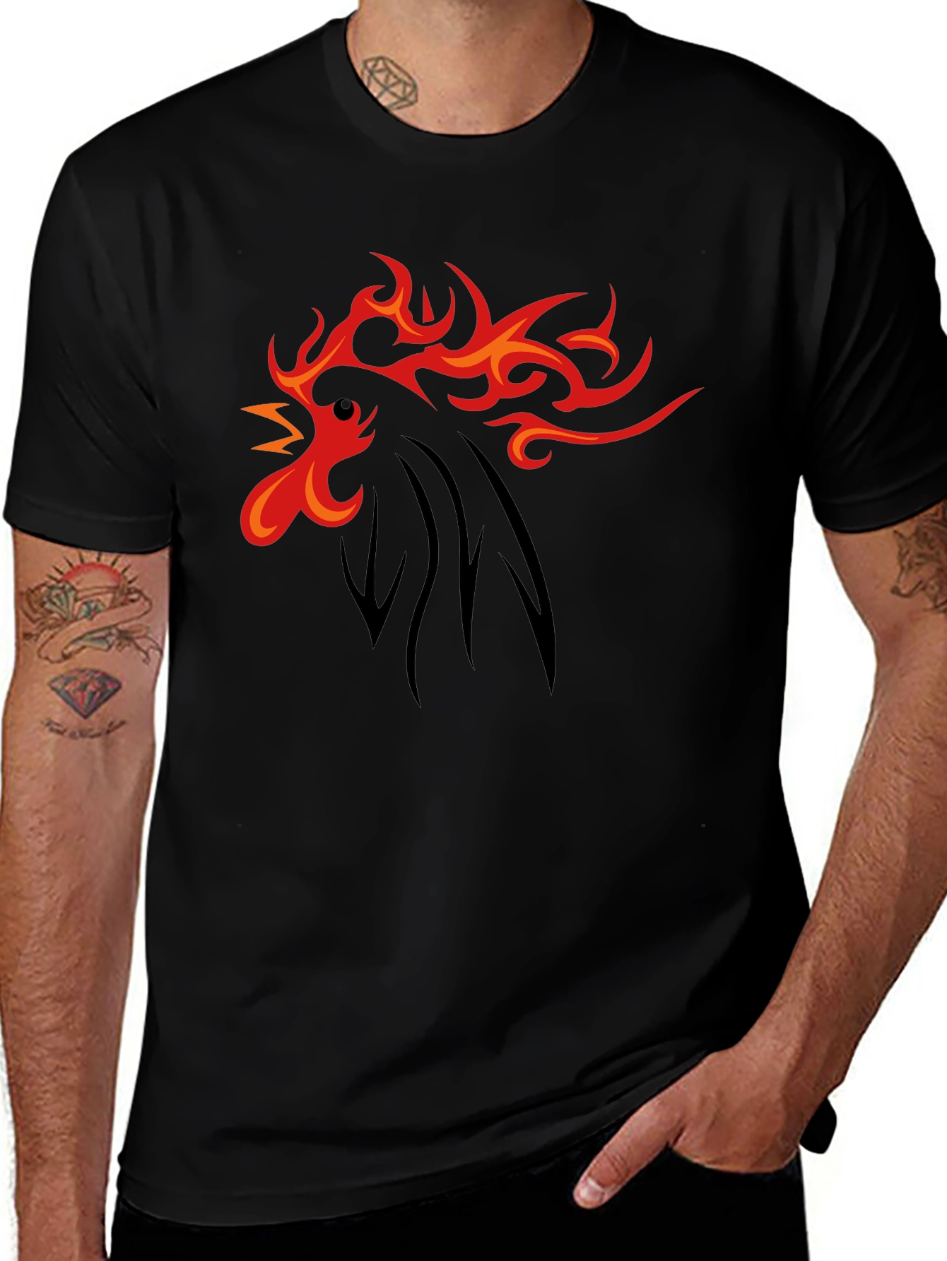 Fiery Rooster Graphic Tee - Black