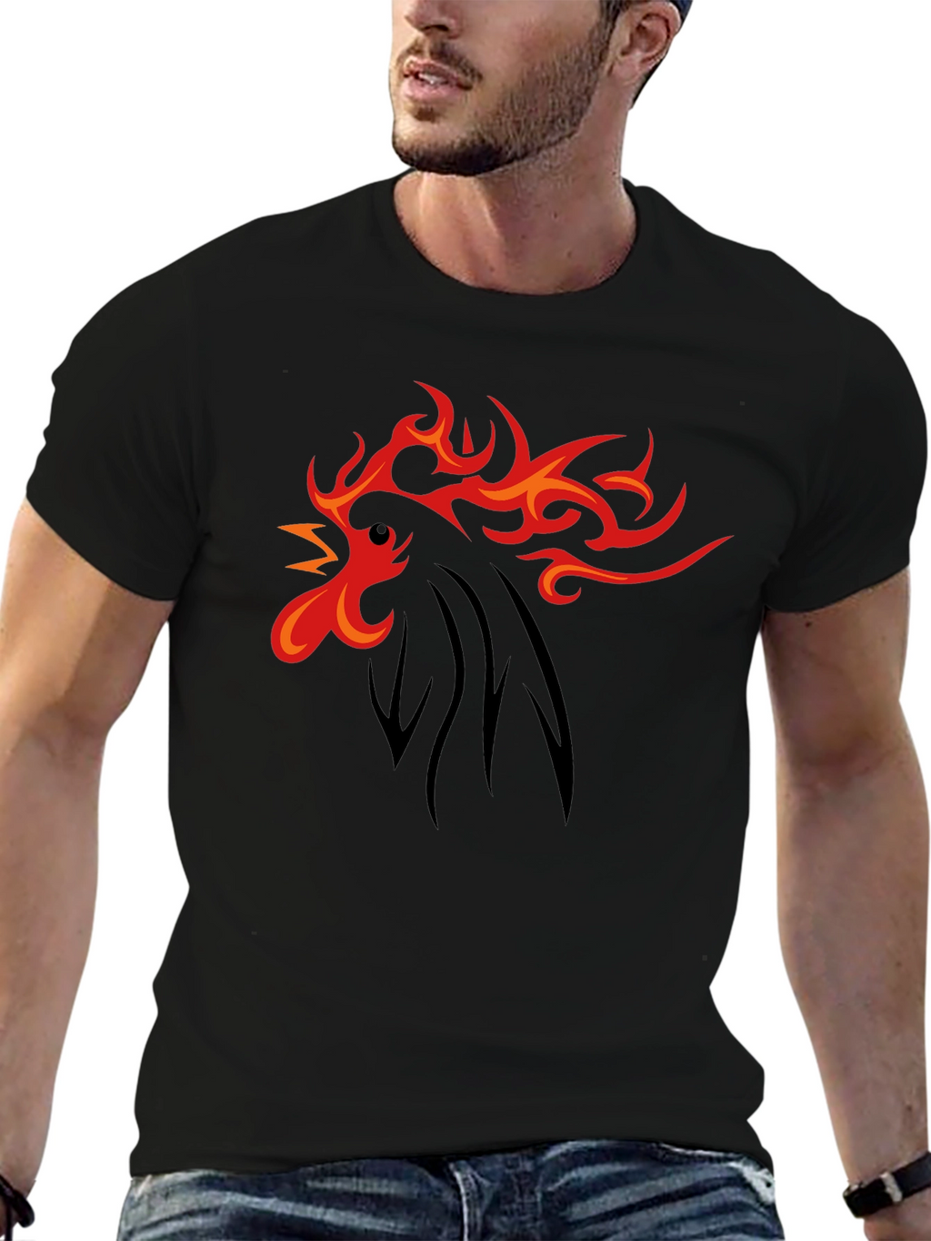 Fiery Rooster Graphic Tee - Black