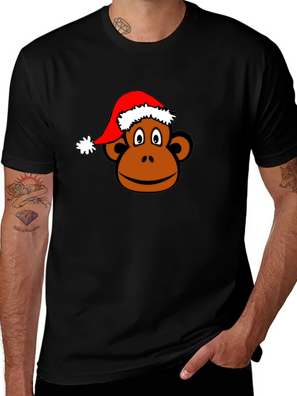 Monkey Face with Santa Hat Black T-Shirt
