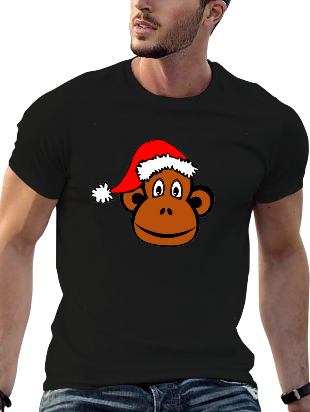 Monkey Face with Santa Hat Black T-Shirt