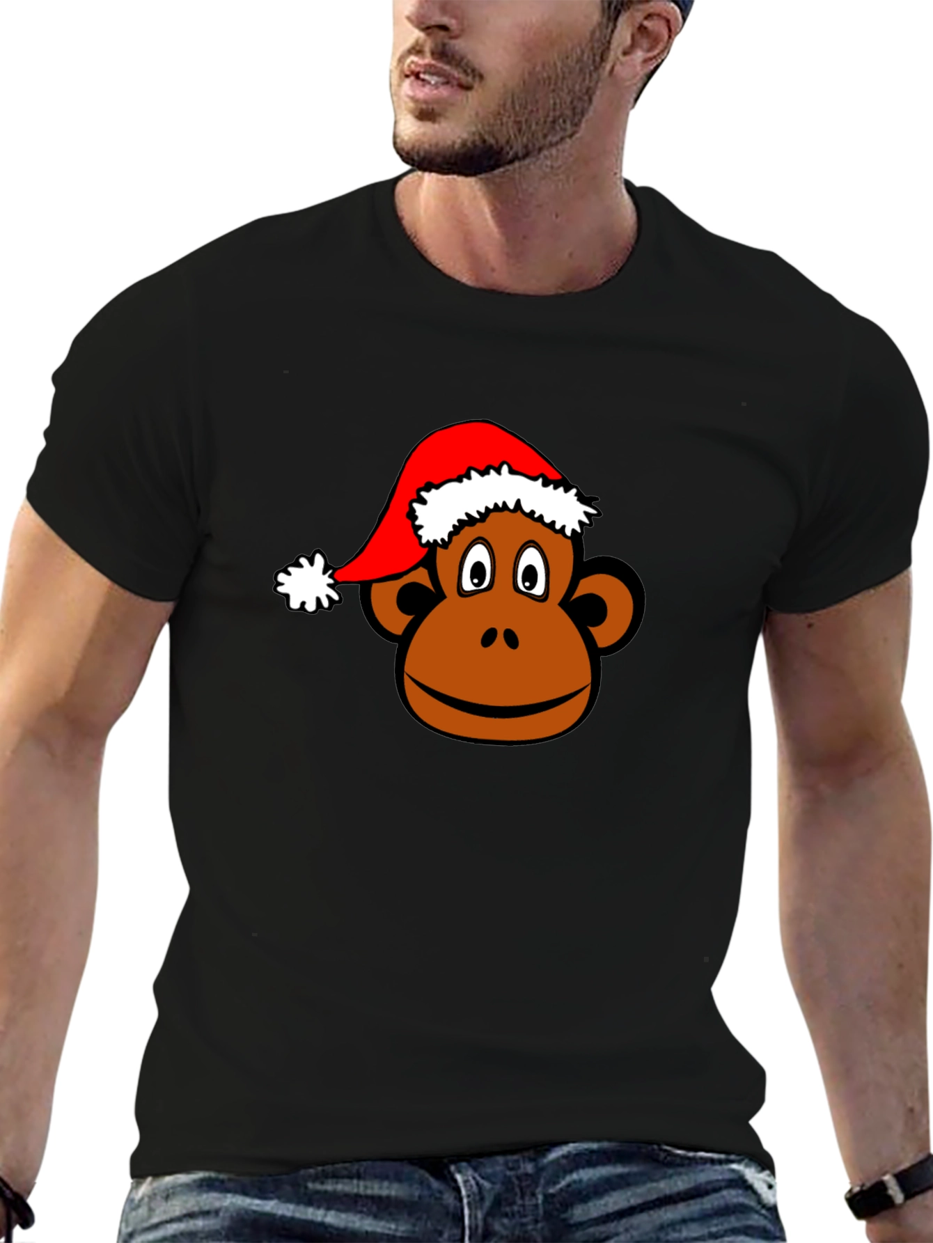 Monkey Face with Santa Hat Black T-Shirt