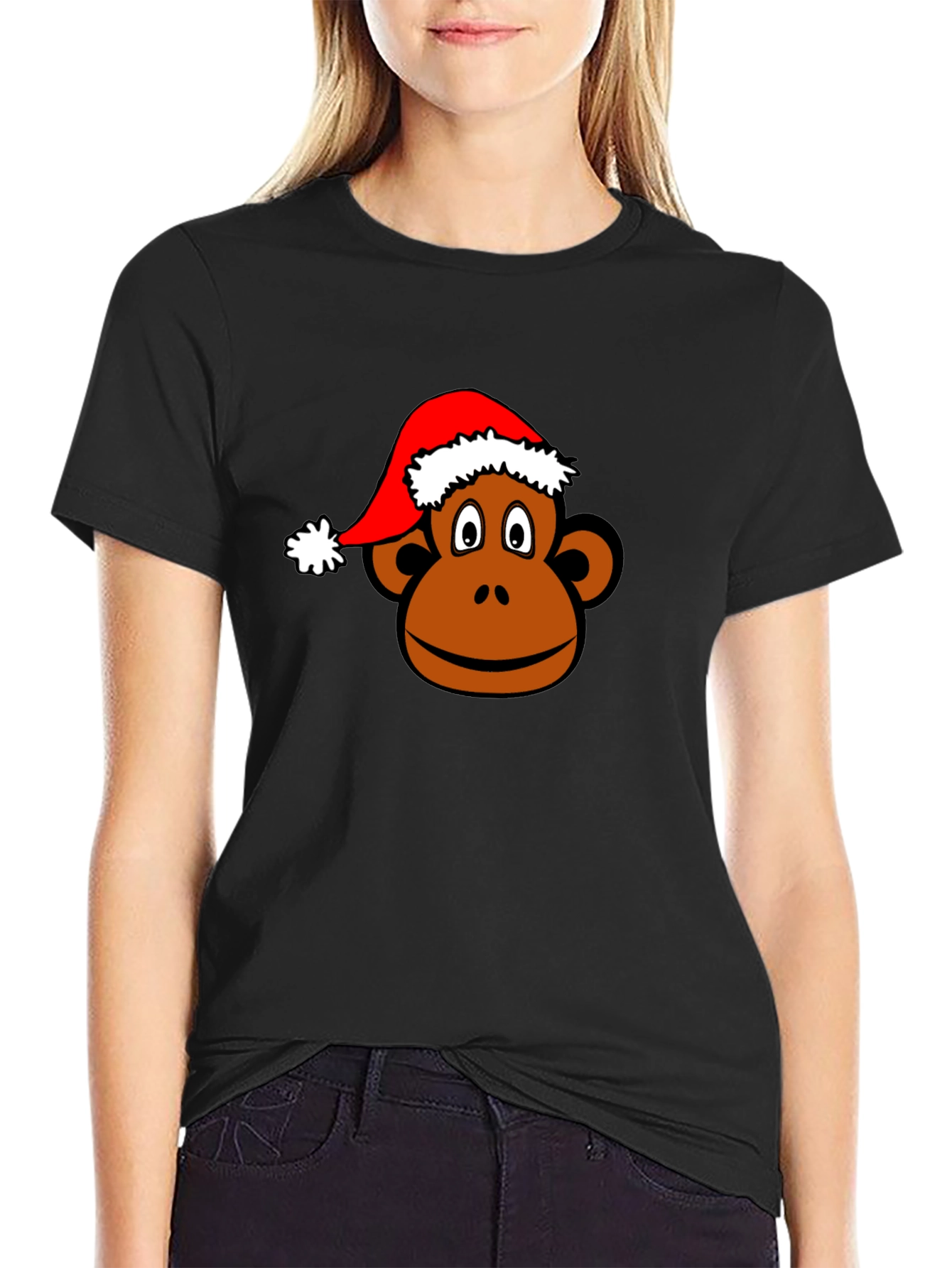 Monkey Face with Santa Hat Black T-Shirt