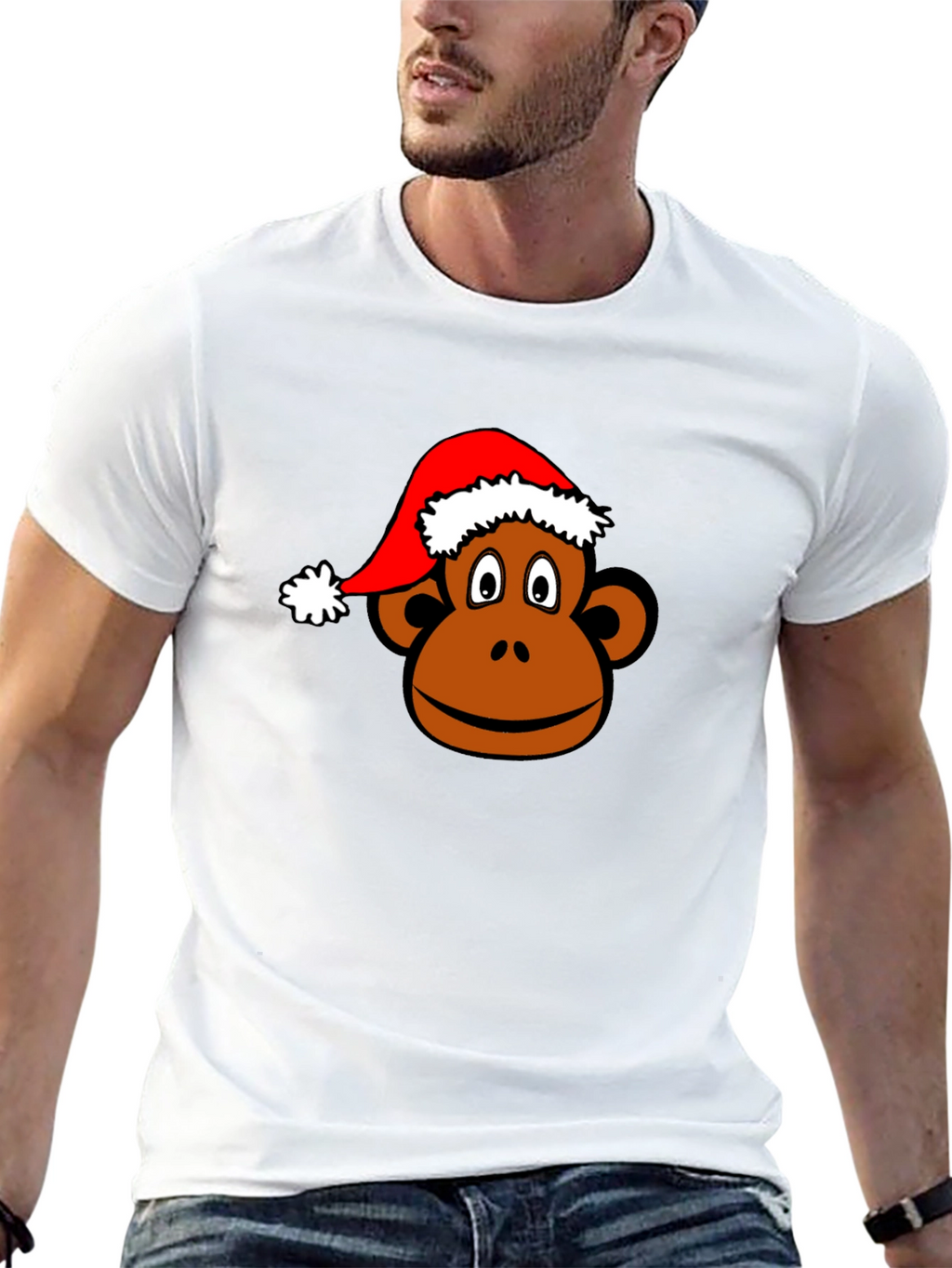 Monkey Face with Santa Hat Black T-Shirt