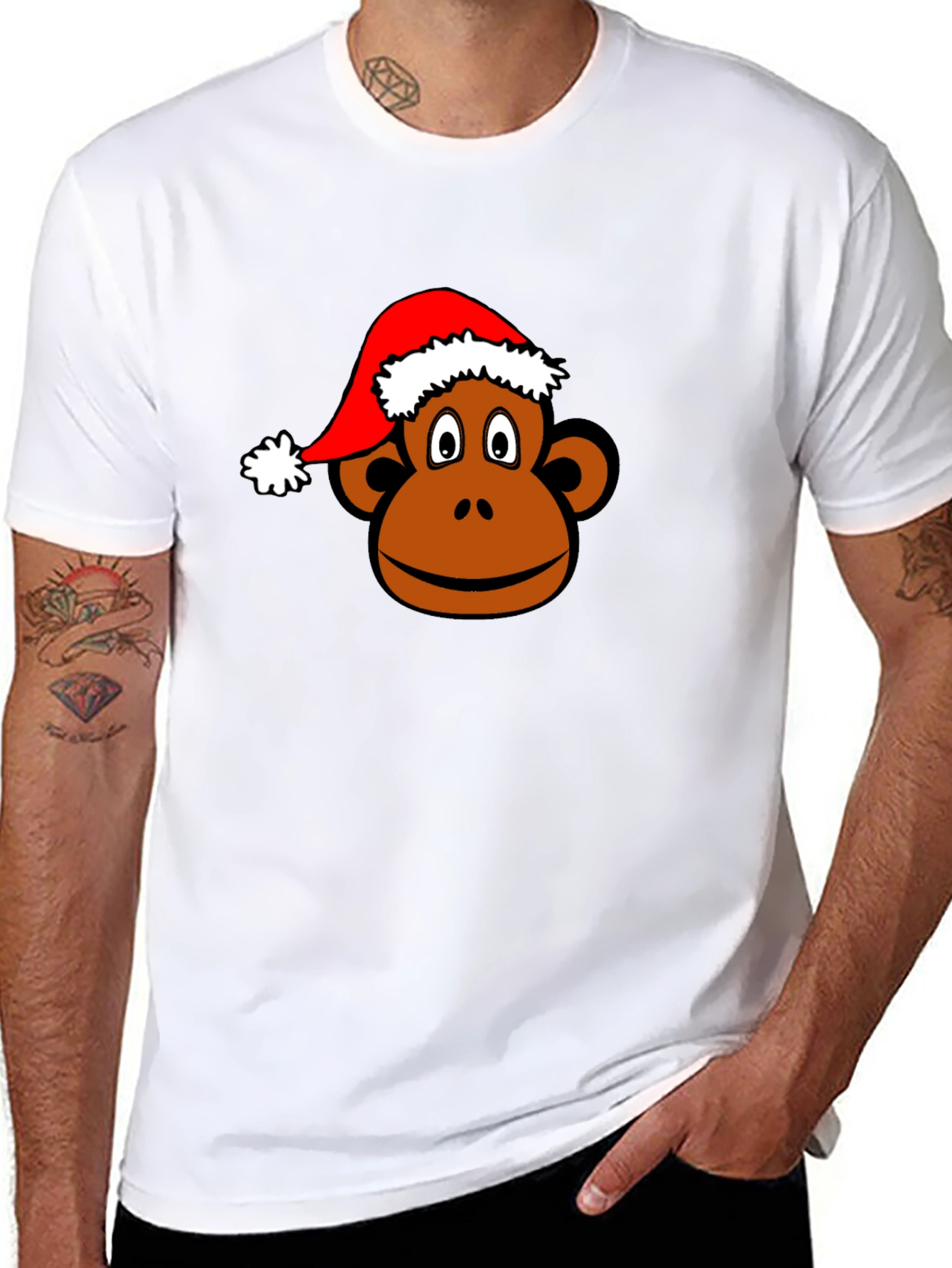 Monkey Face with Santa Hat Black T-Shirt