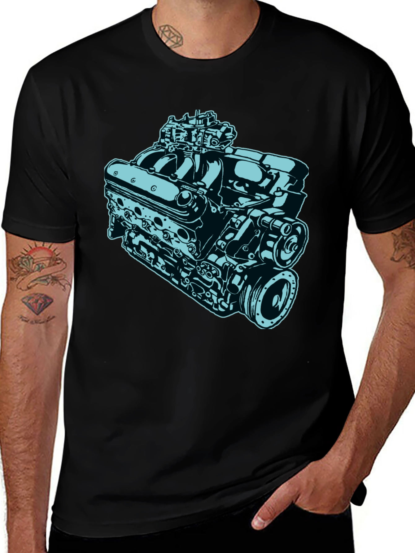 Car Engine Graphic Tee - Black Cotton Short Sleeve Shirt