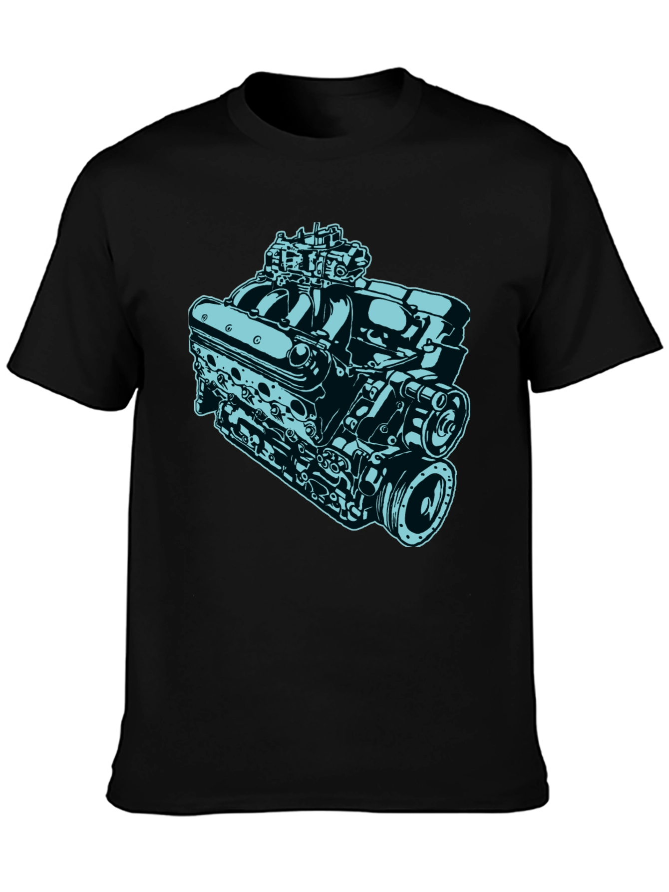 Car Engine Graphic Tee - Black Cotton Short Sleeve Shirt