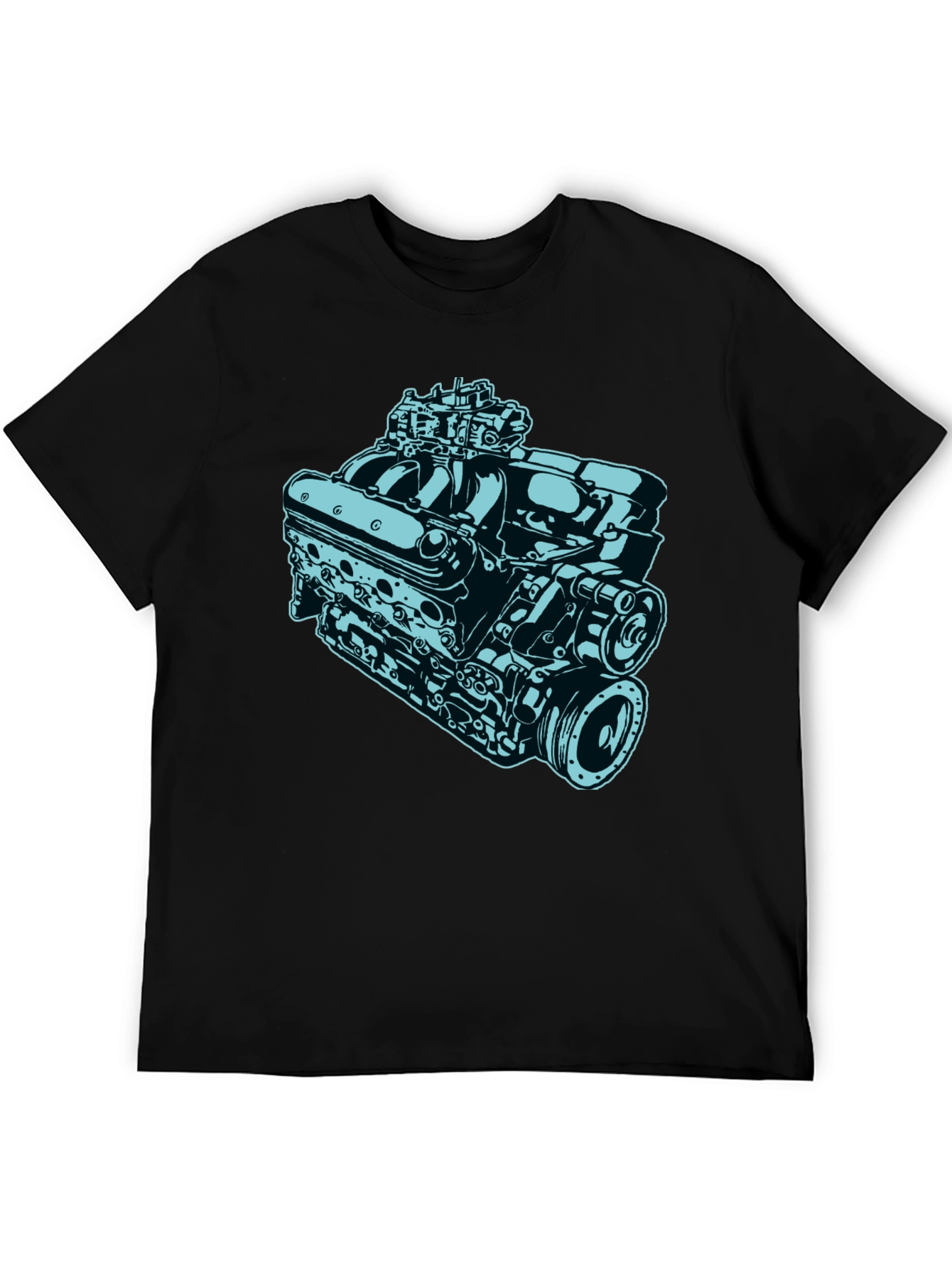 Car Engine Graphic Tee - Black Cotton Short Sleeve Shirt