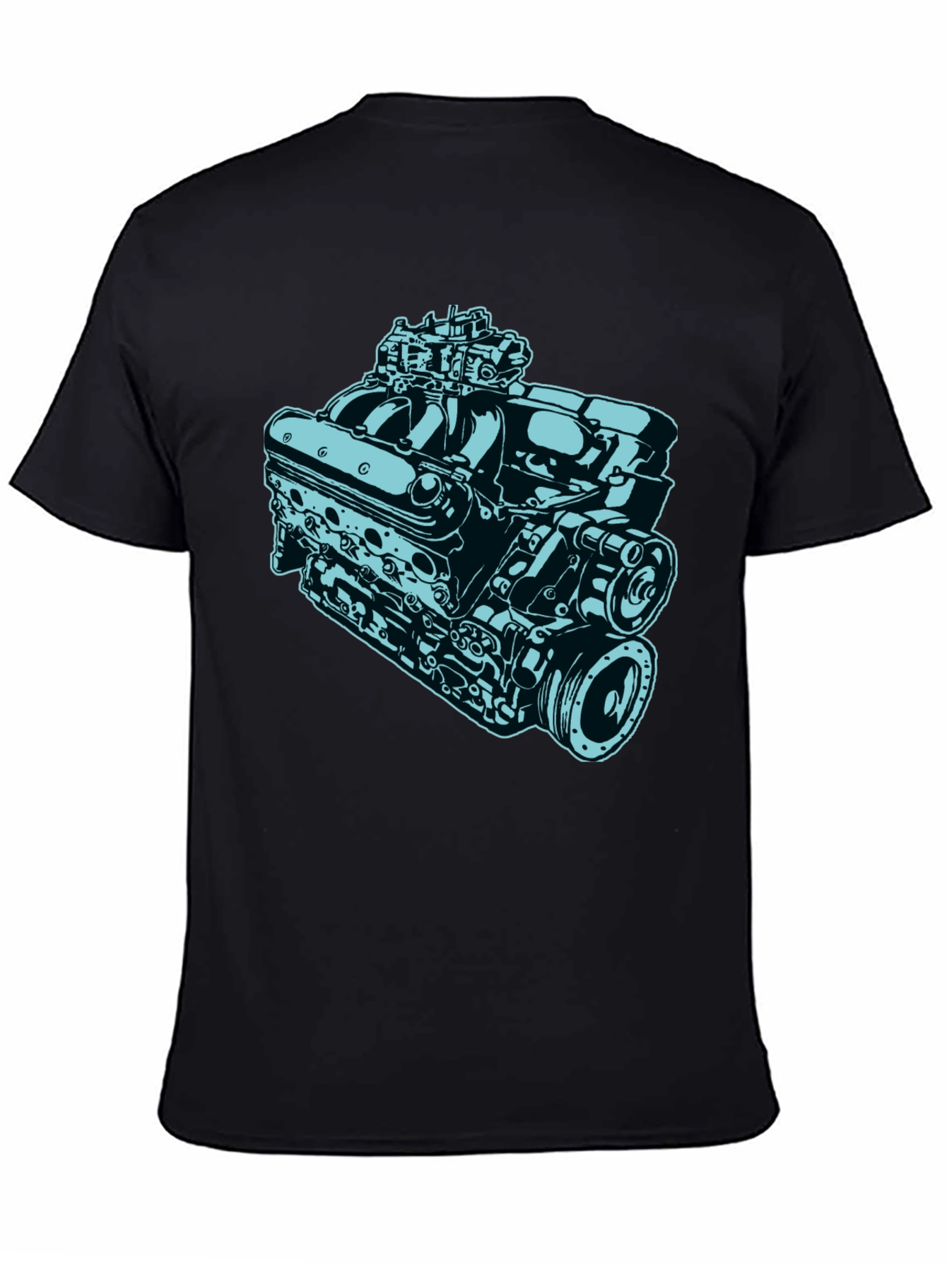 Car Engine Graphic Tee - Black Cotton Short Sleeve Shirt