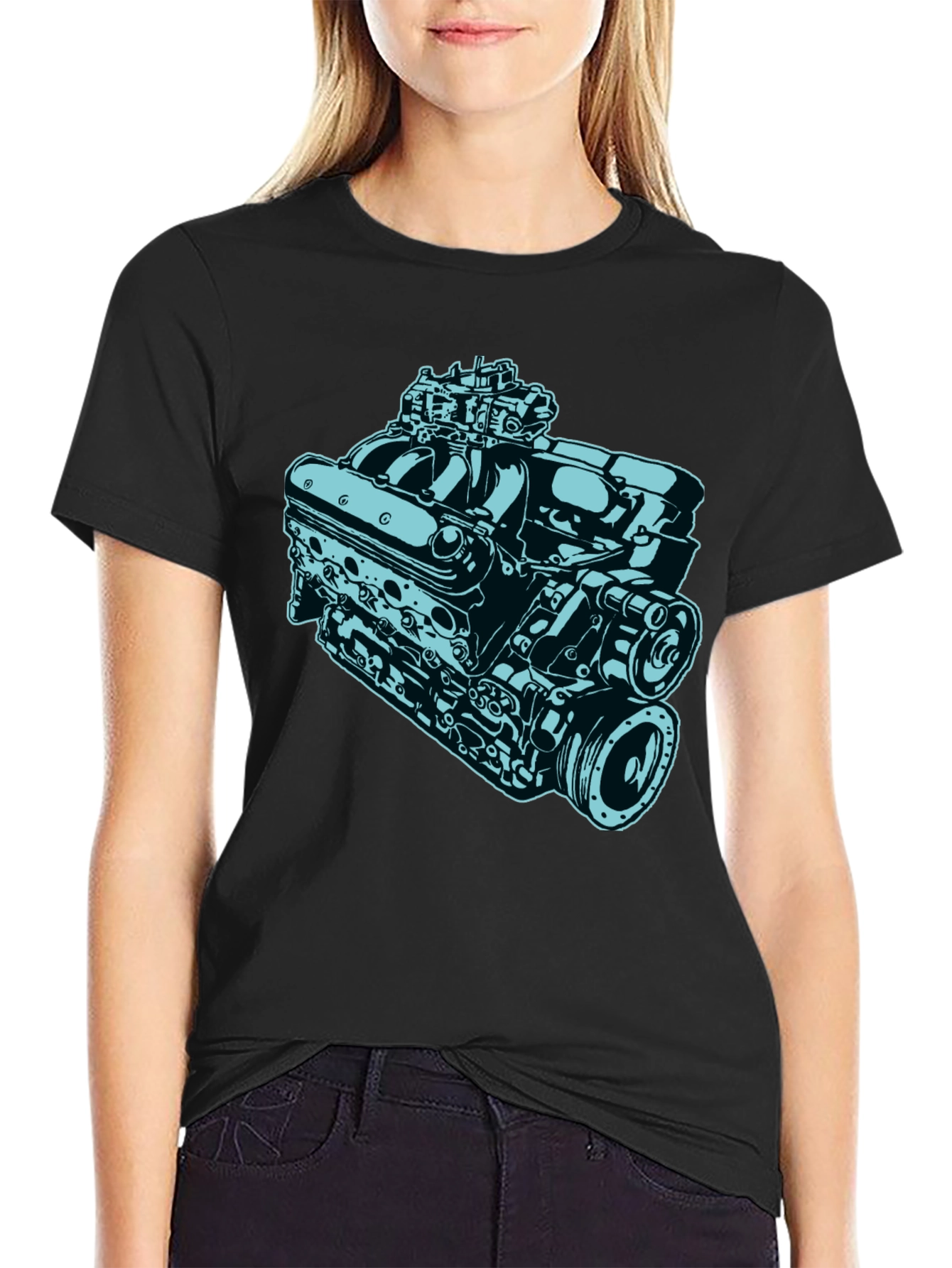 Car Engine Graphic Tee - Black Cotton Short Sleeve Shirt