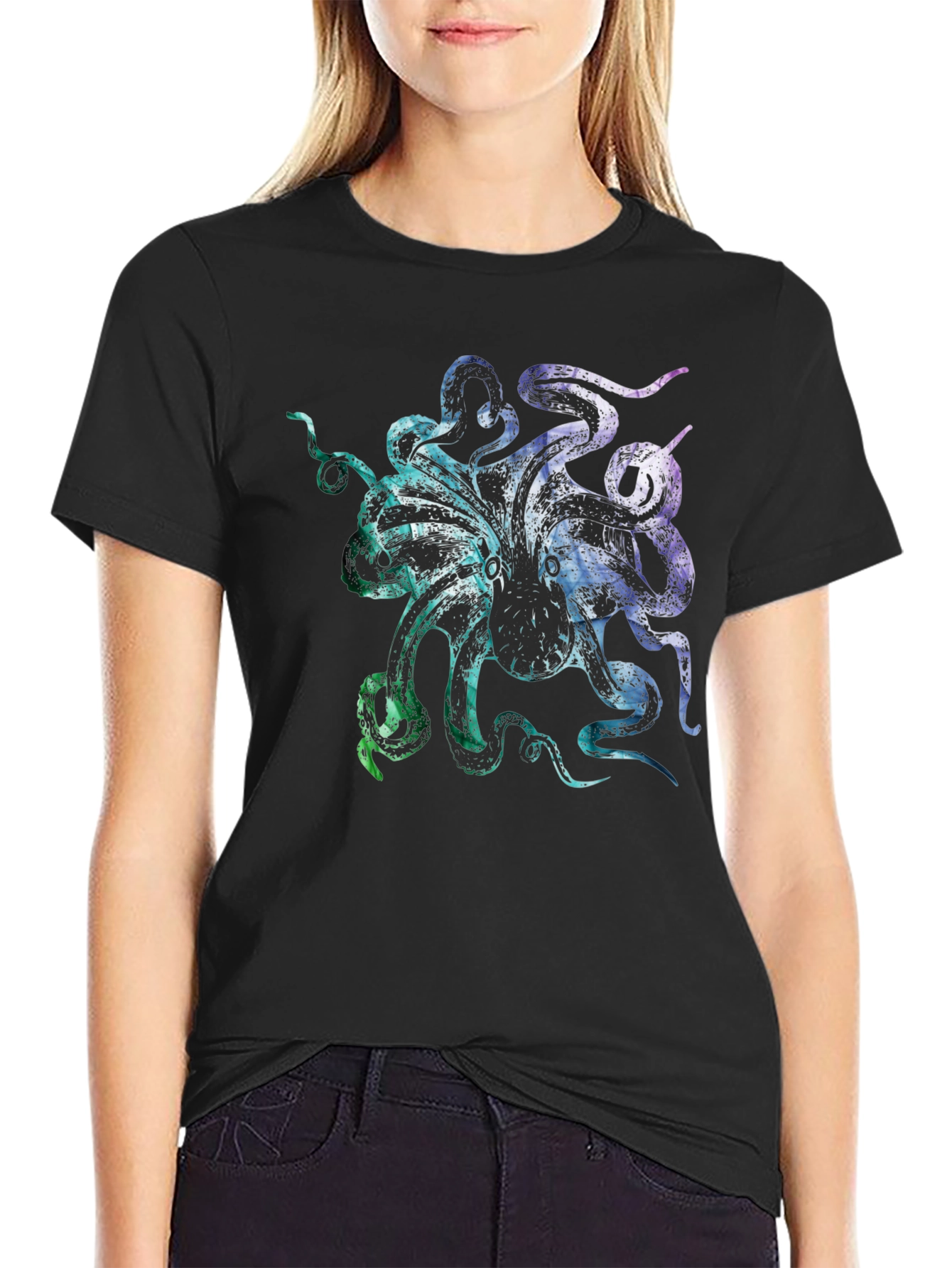 Colorful Octopus Graphic Print Black T-Shirt