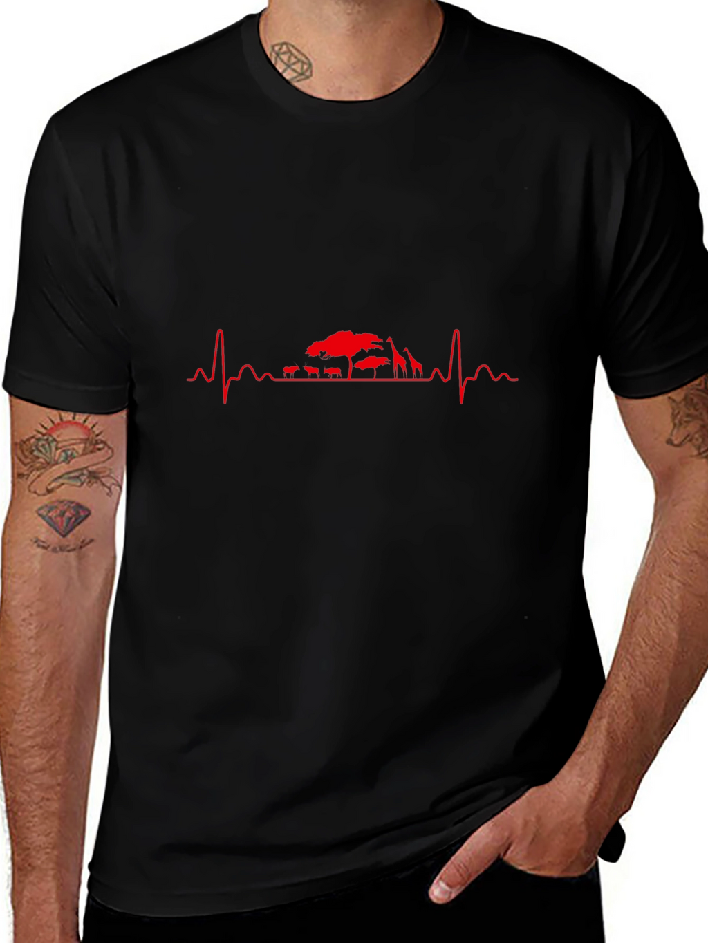 Mens Black T-Shirt - Safari Heartbeat Design
