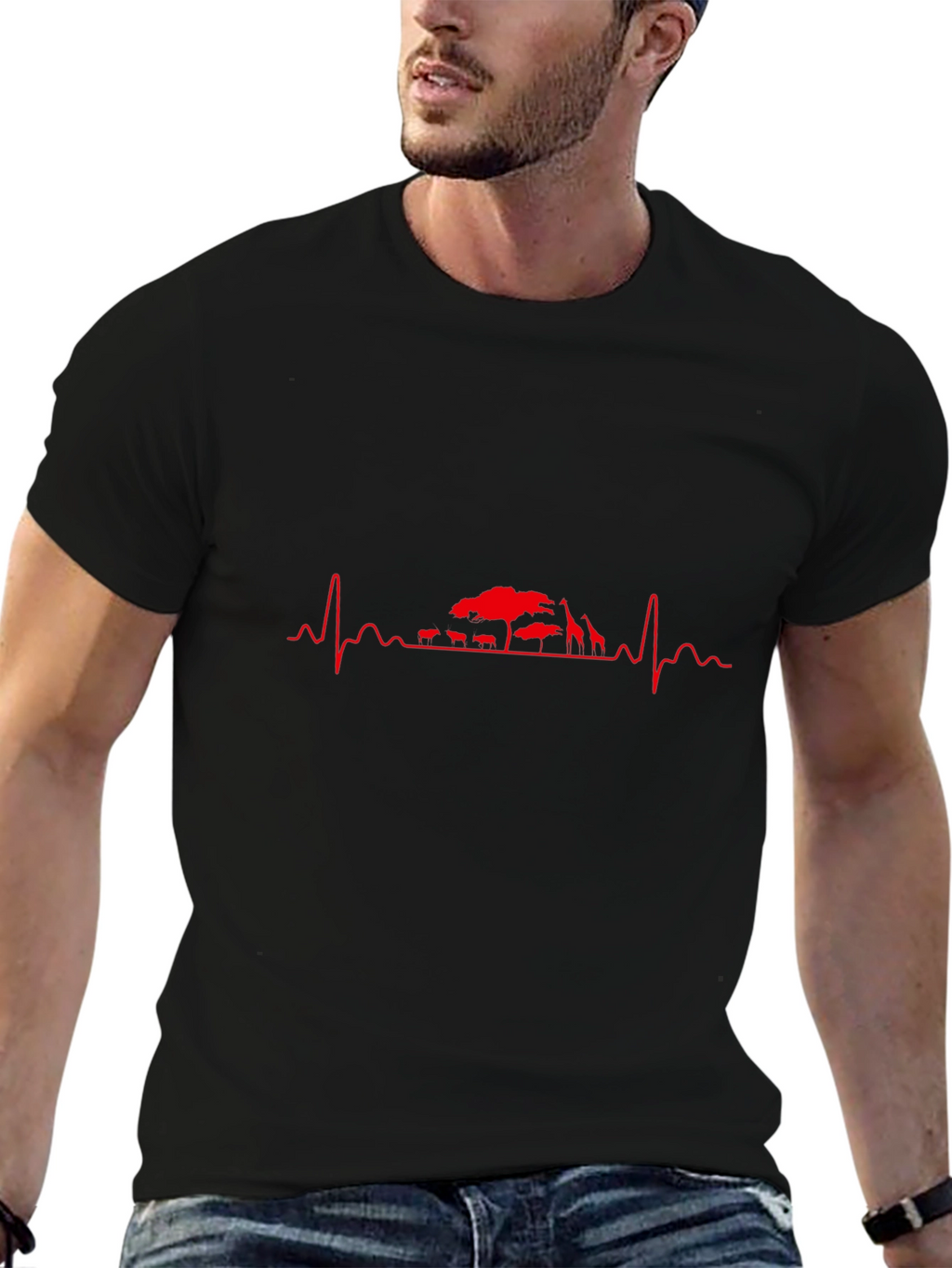 Mens Black T-Shirt - Safari Heartbeat Design