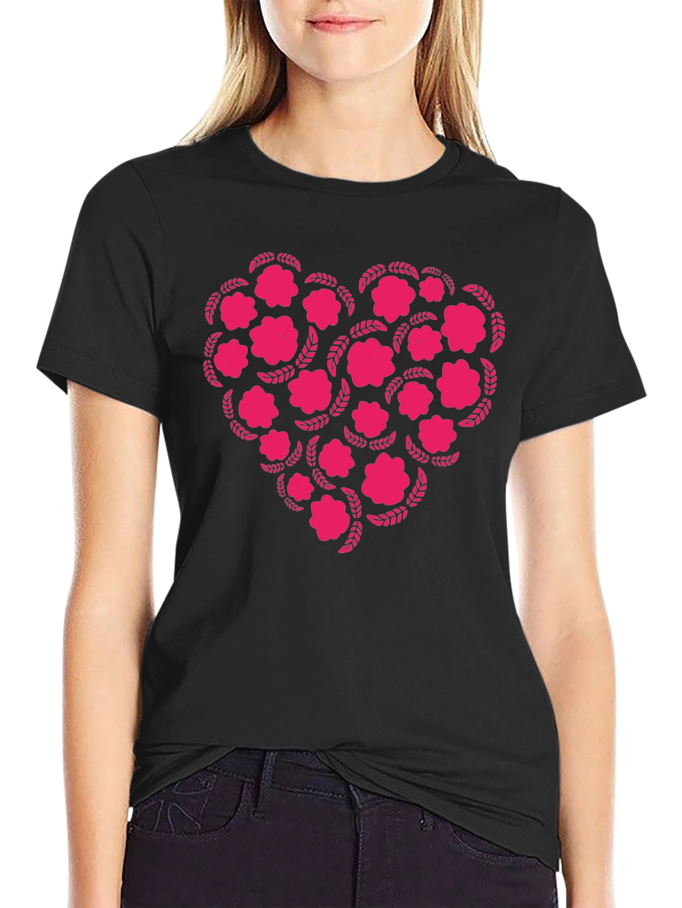 Floral Heart Graphic Tee - Black