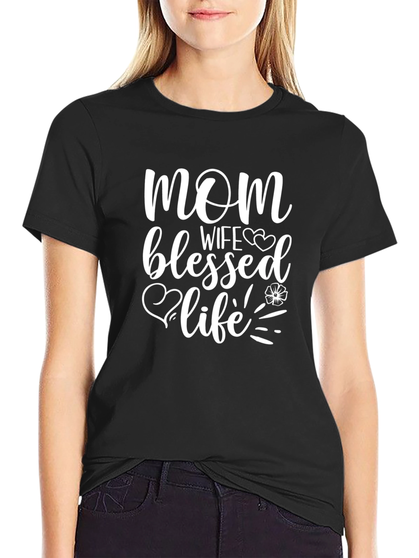 Mom Wife Blessed Life Graphic Tee - Black