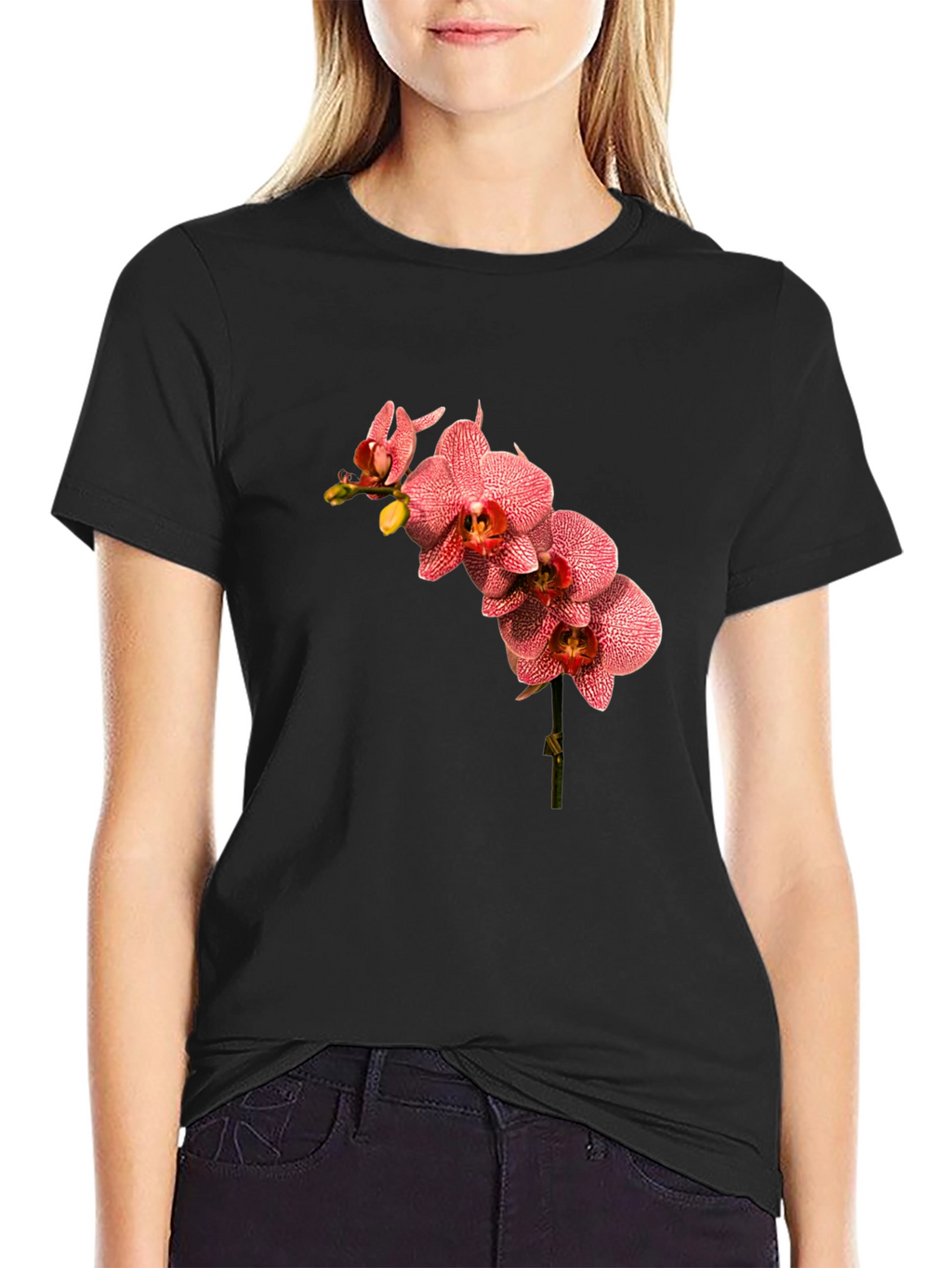Floral Orchid Print Black T-Shirt