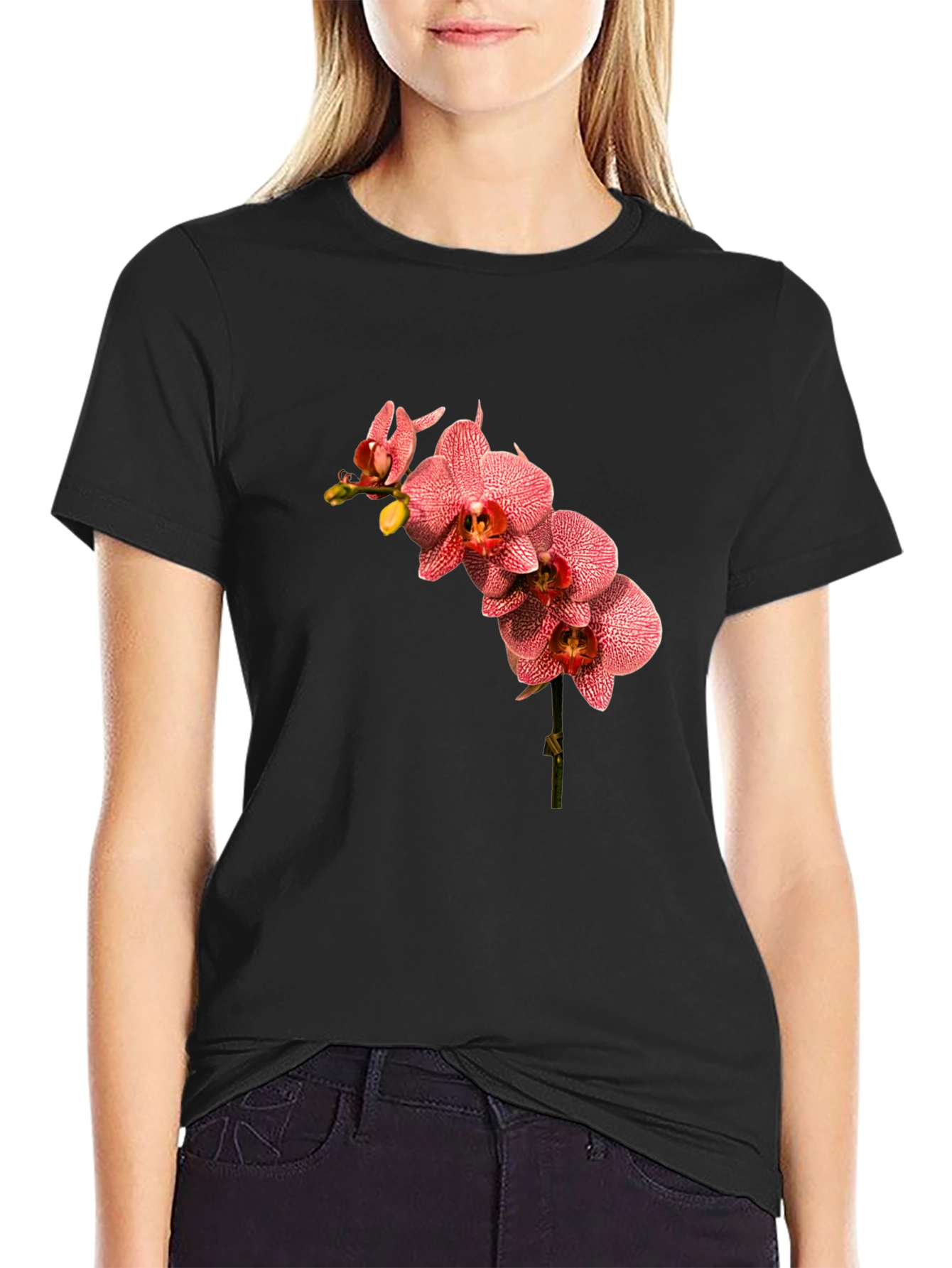 Floral Orchid Print Black T-Shirt