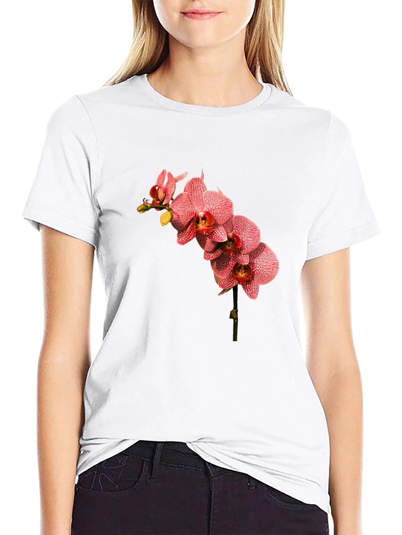 Floral Orchid Print Black T-Shirt